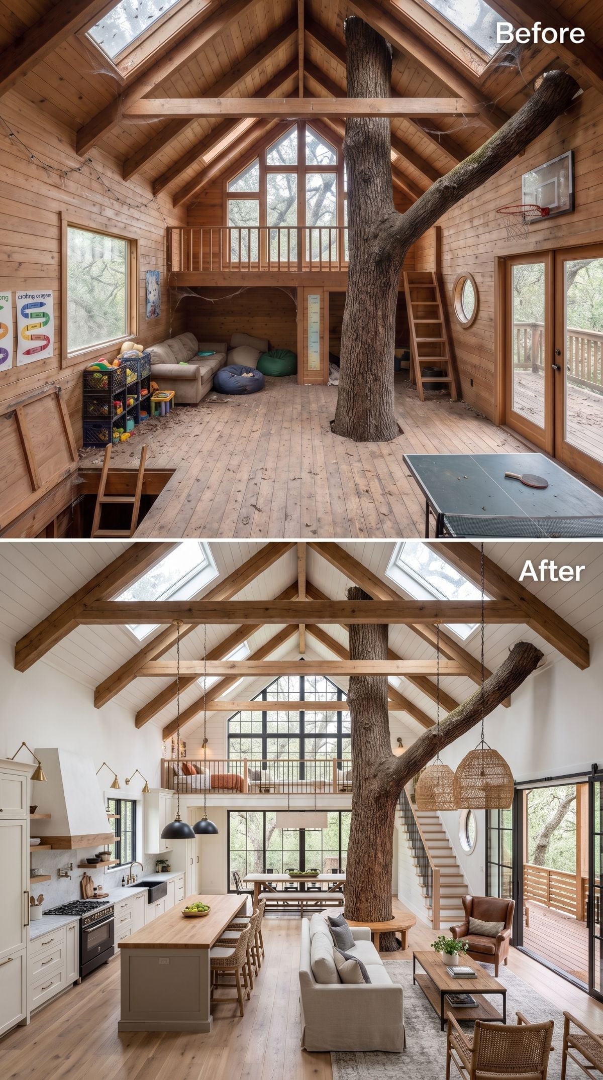 Cottage treehouse concept with cream shiplap, slate blue kitchen island, butcher block, rattan pendants, open stairs, and exposed beams