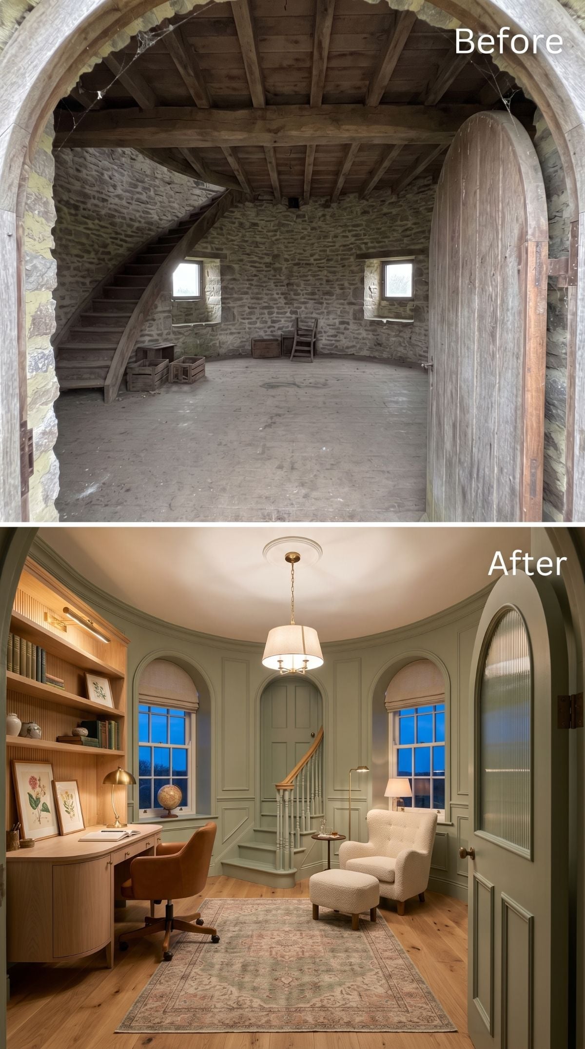 Crumbling Windmill Stone Became a Sage Green Home Office Nobody Saw Coming