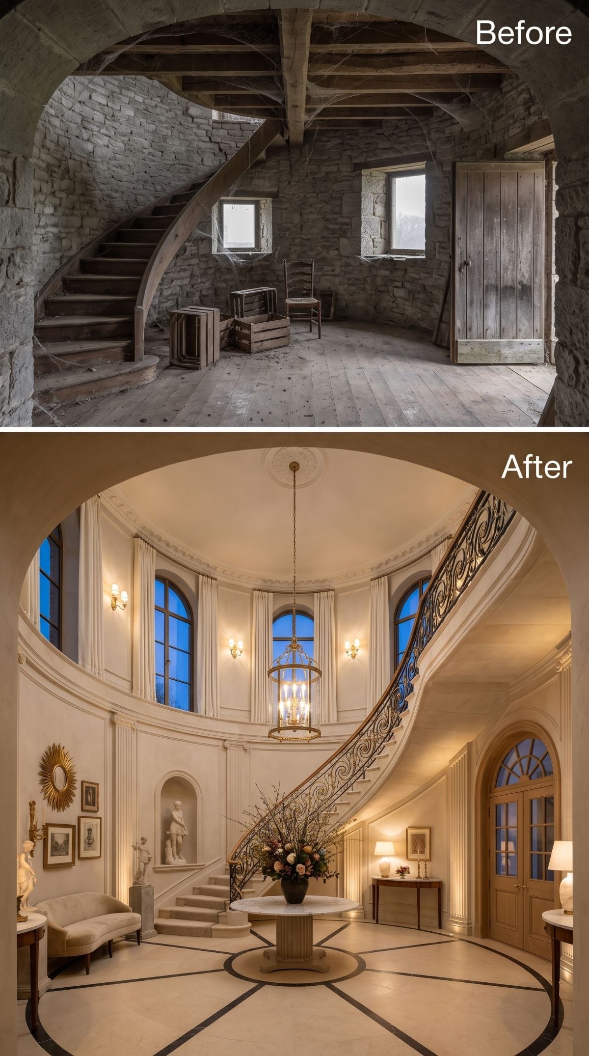 Crumbling Windmill Stone Got Wrought Iron, White Plaster, and a Grand Staircase