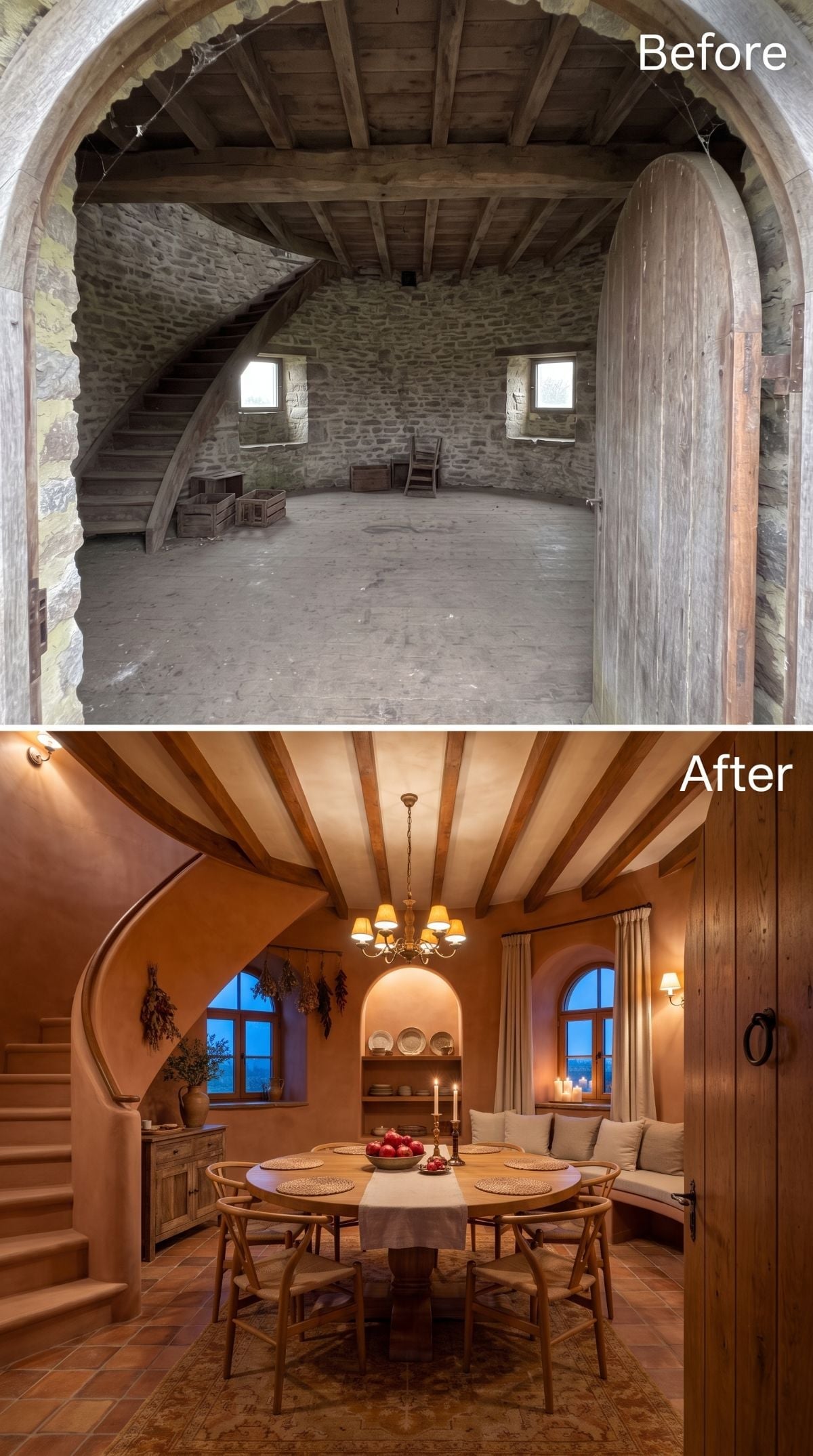 Crumbling Windmill Stone Walked Into a Tuscan Farmhouse Dining Room and Stayed