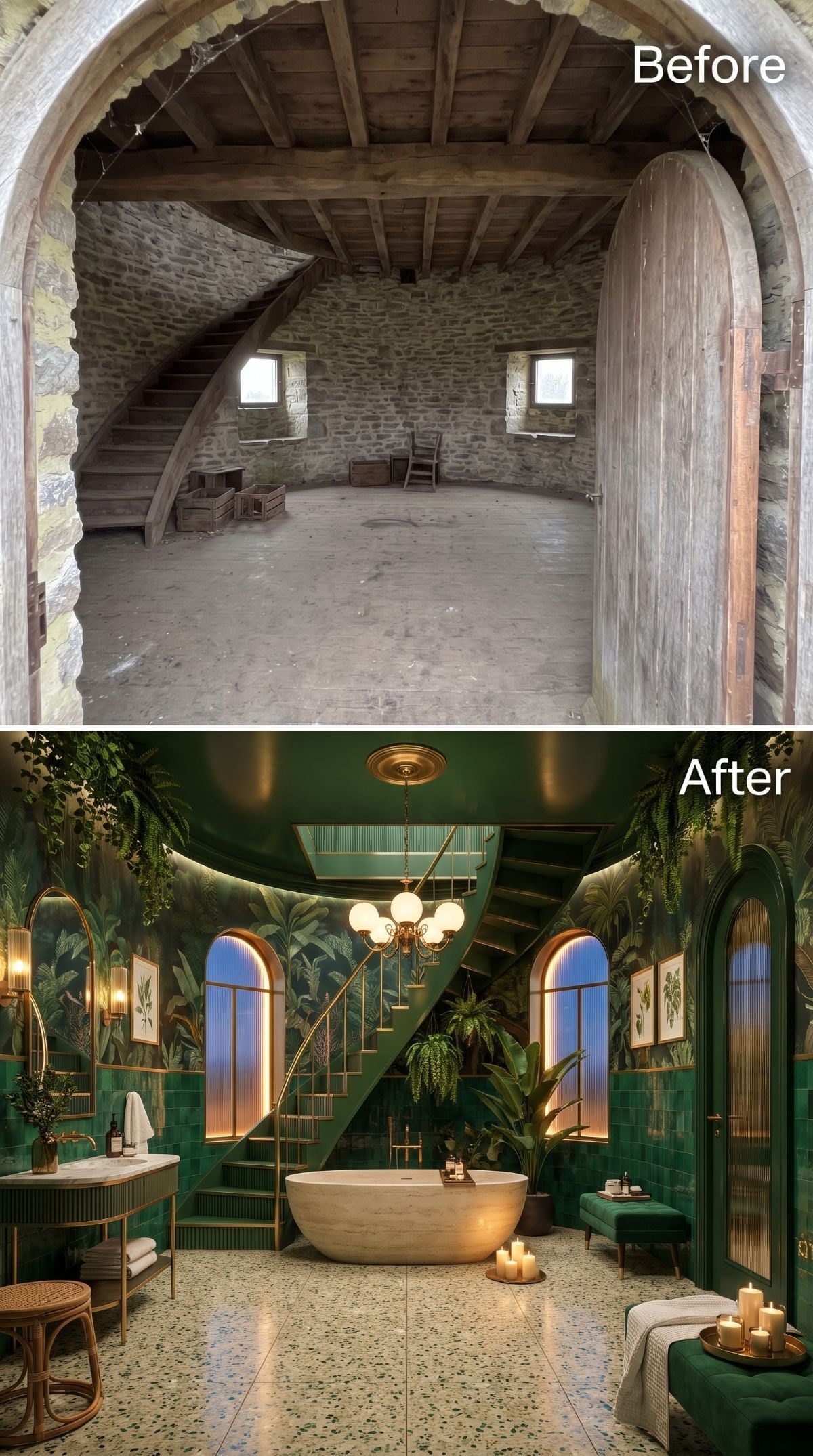 Jungle Botanical Bathroom Pulled From a Windmill's Crumbling Stone Shell