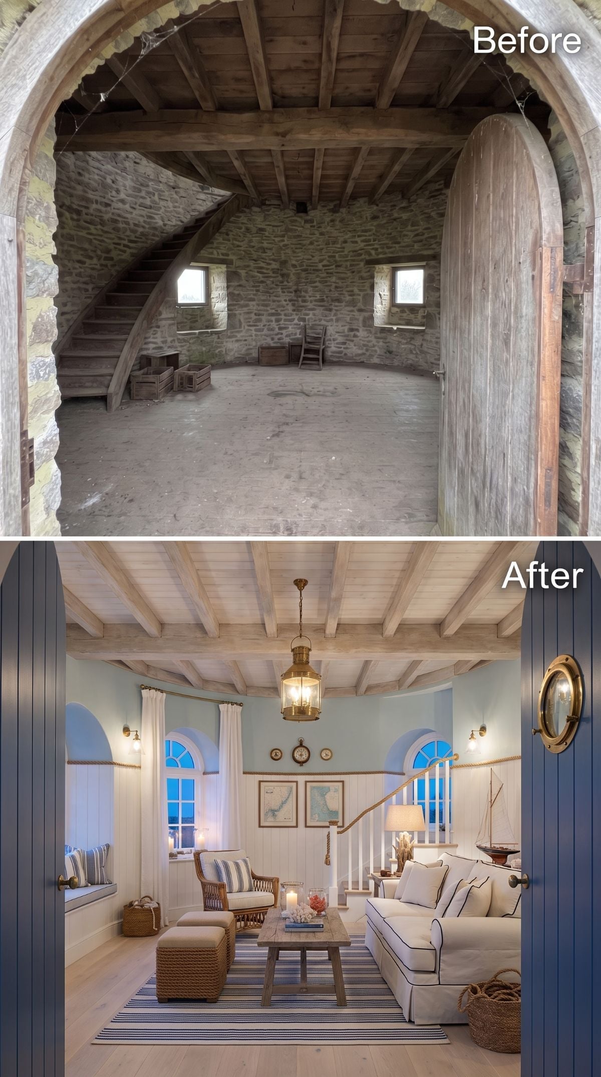 Nautical Coastal Living Pulled From a Windmill's Stone Shell