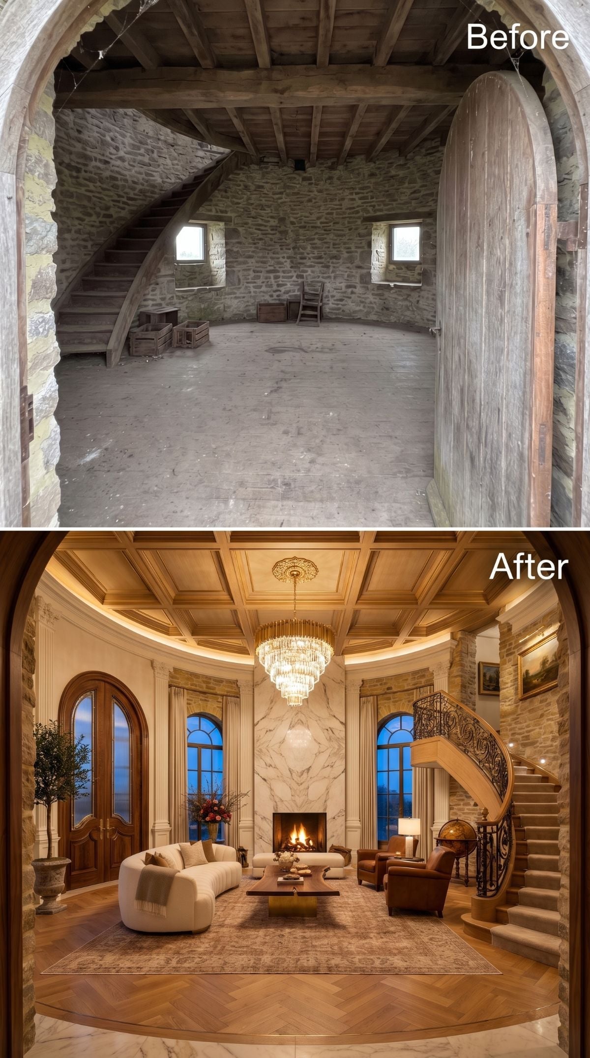 Windmill Ruins Got a Crystal Chandelier, Marble Fireplace, and Somehow Kept Their Soul