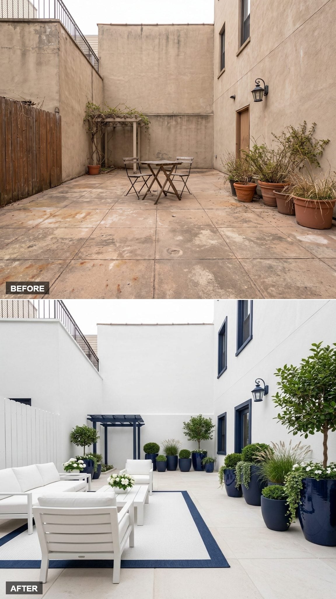 Glossy Navy Urns, White Stucco, and a Pergola That Finally Has Real Furniture Under It
