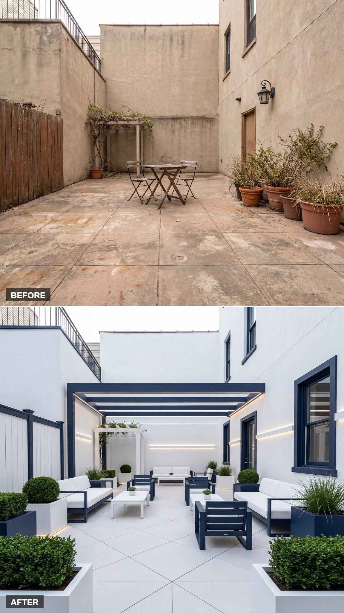 LED-Lit Pergola, Navy Frames, and a Courtyard That Finally Has a Conversation