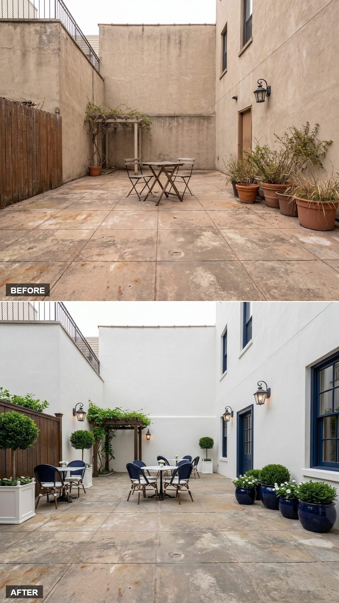 navy Bistro Tables, Clipped Topiaries, and a Pergola That Finally Has a Crowd