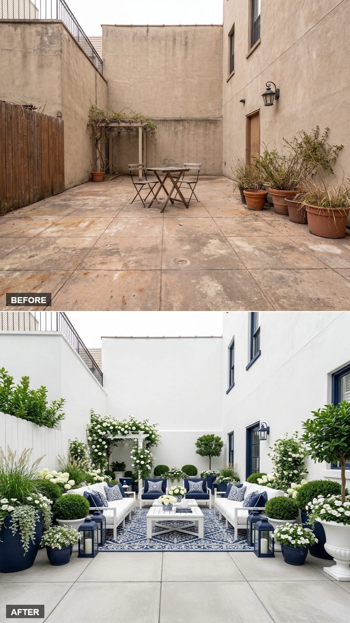 Painted White, Navy Planters Everywhere, and a Courtyard That Finally Has a Personality