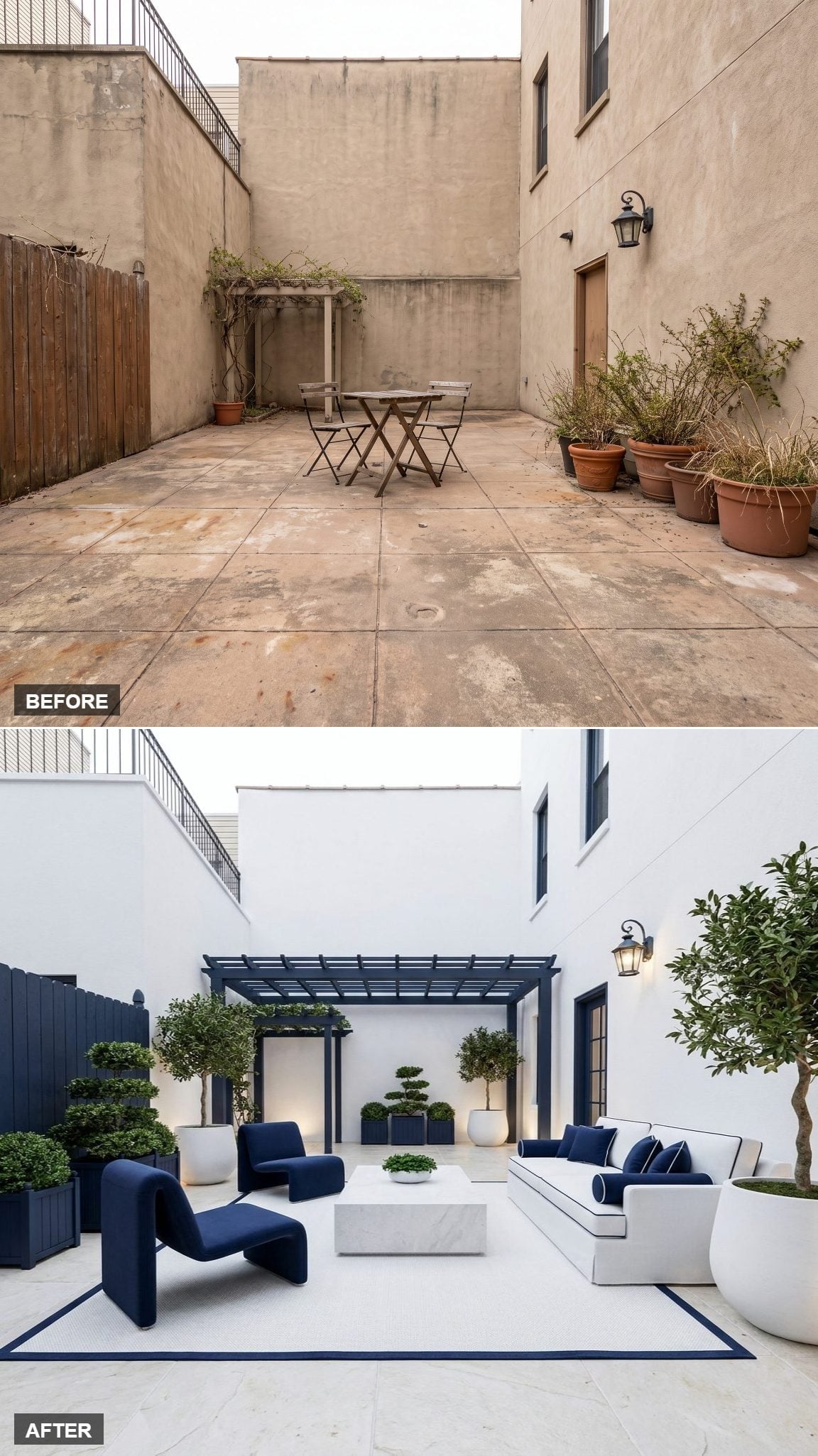 Stark White Walls, Navy Pergola, and Zero Apologies for Going Bold