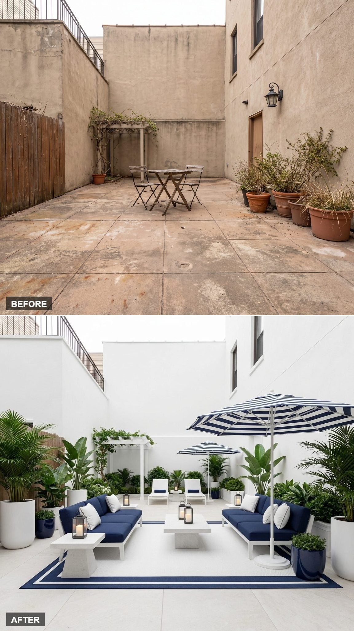 Stripe, Sit, Repeat: How One Courtyard Committed Hard to Navy and White