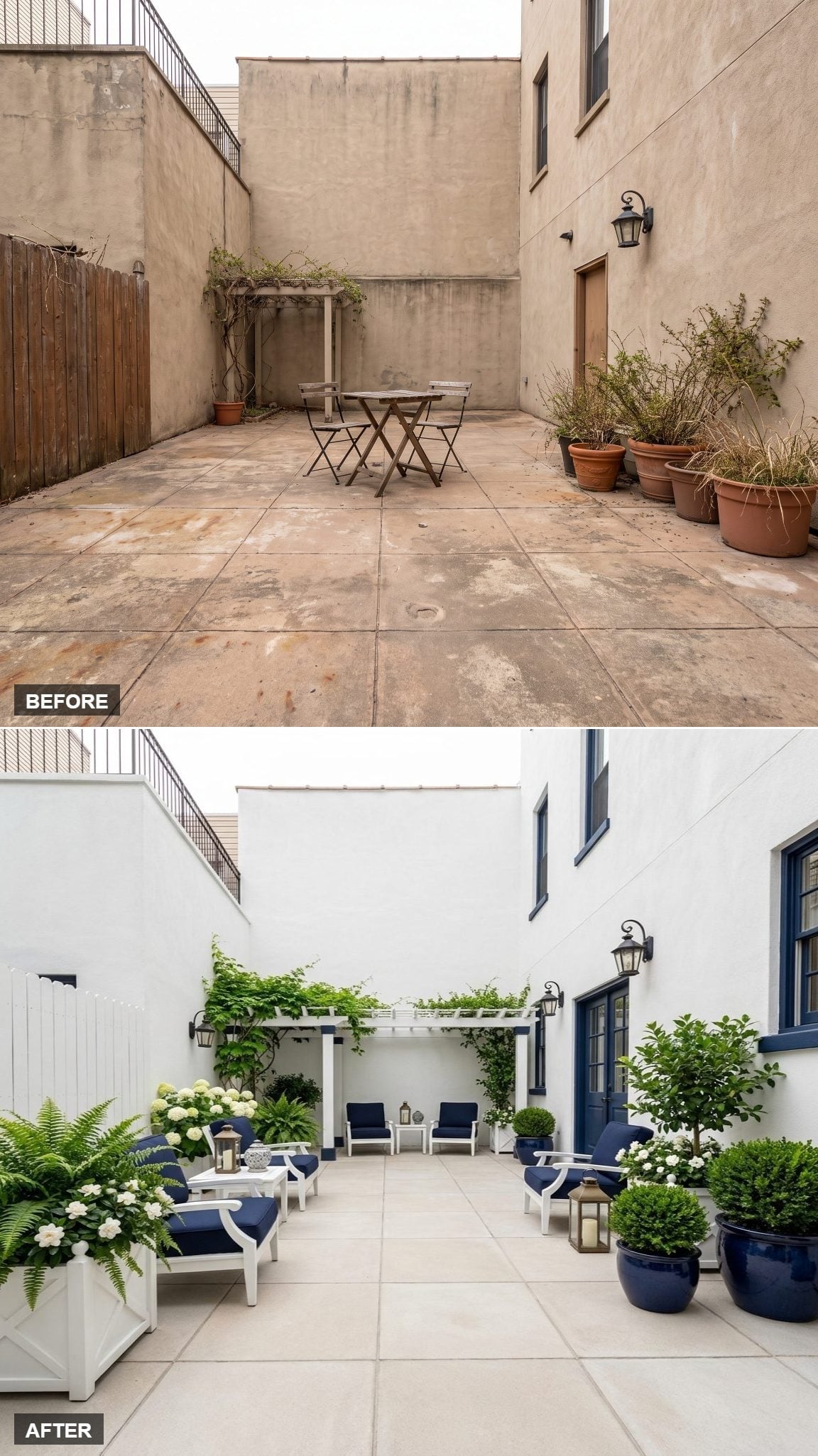 White Stucco, Navy Cushions, and a Pergola That Finally Has Company