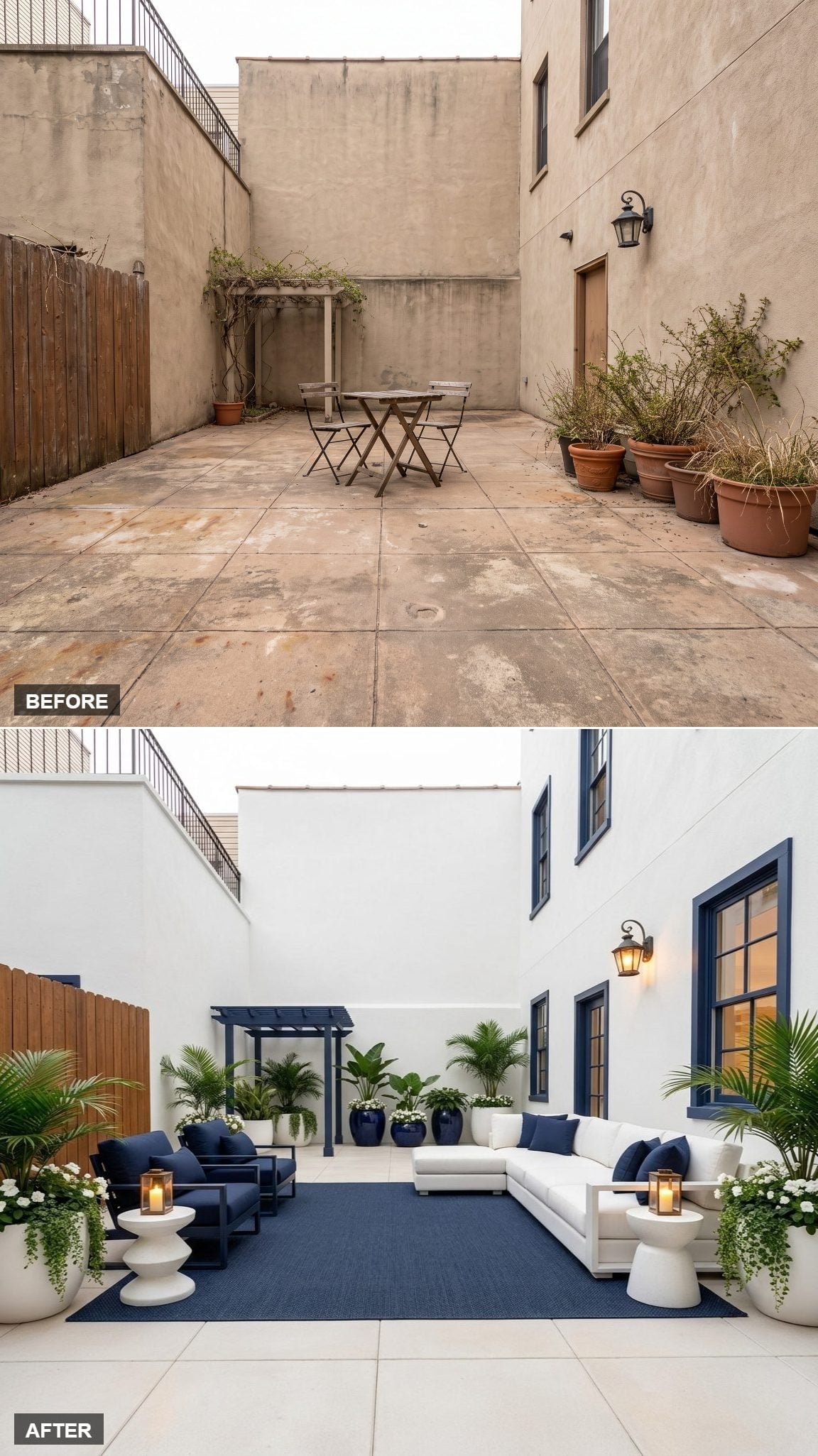 White Stucco, Navy Everything Else, and a Courtyard That Finally Means Business