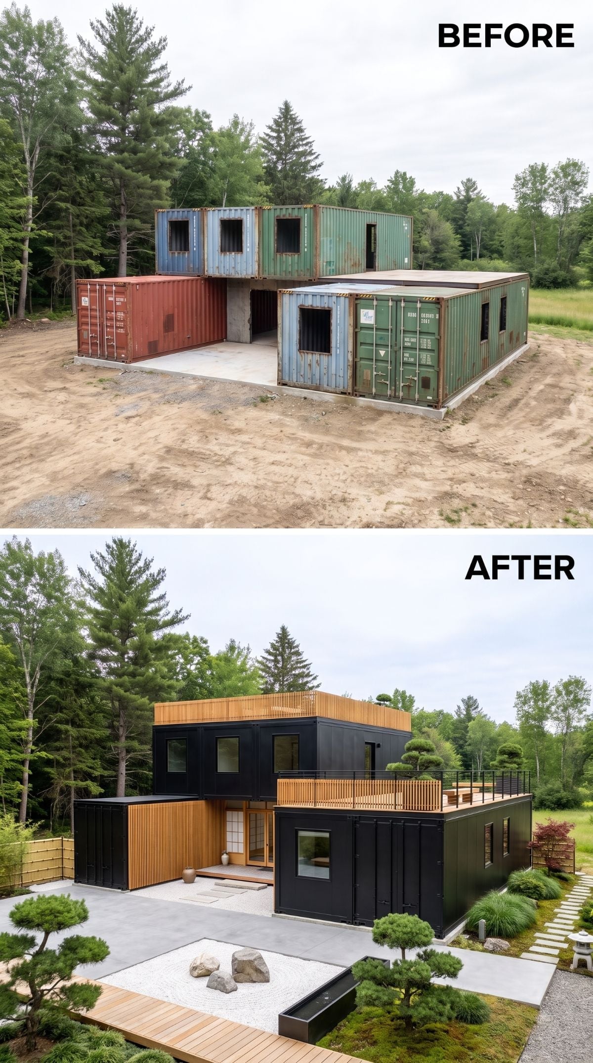 Black Cladding, Cedar Screens, and a Zen Garden Nobody Expected From Shipping Containers