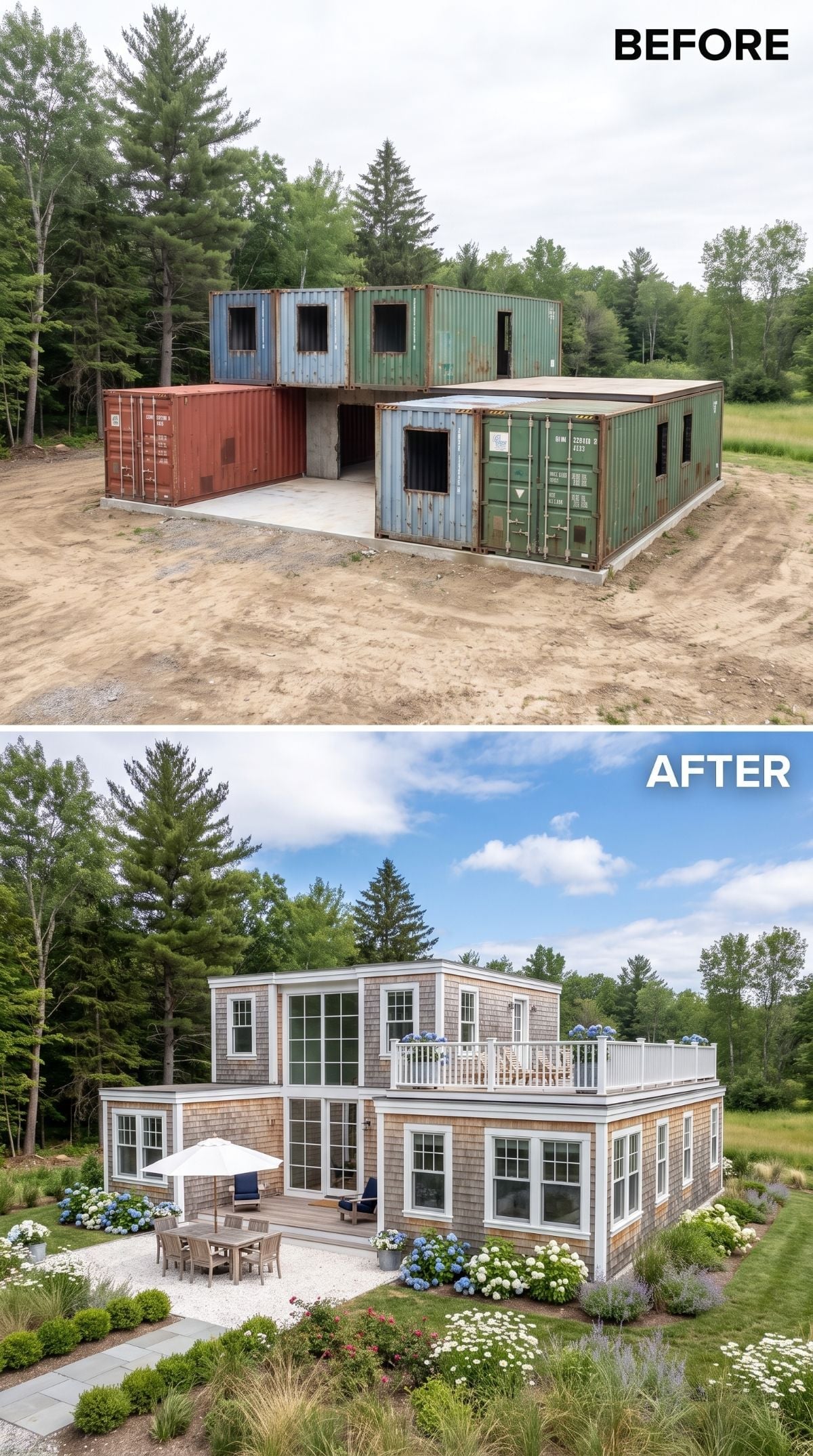 Cedar Shingles and Hydrangeas Hid Every Seam Between Seven Containers