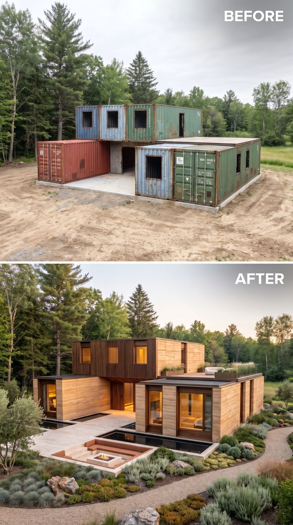 Cedar Slats and Stone Cladding Buried Seven Containers in the Forest