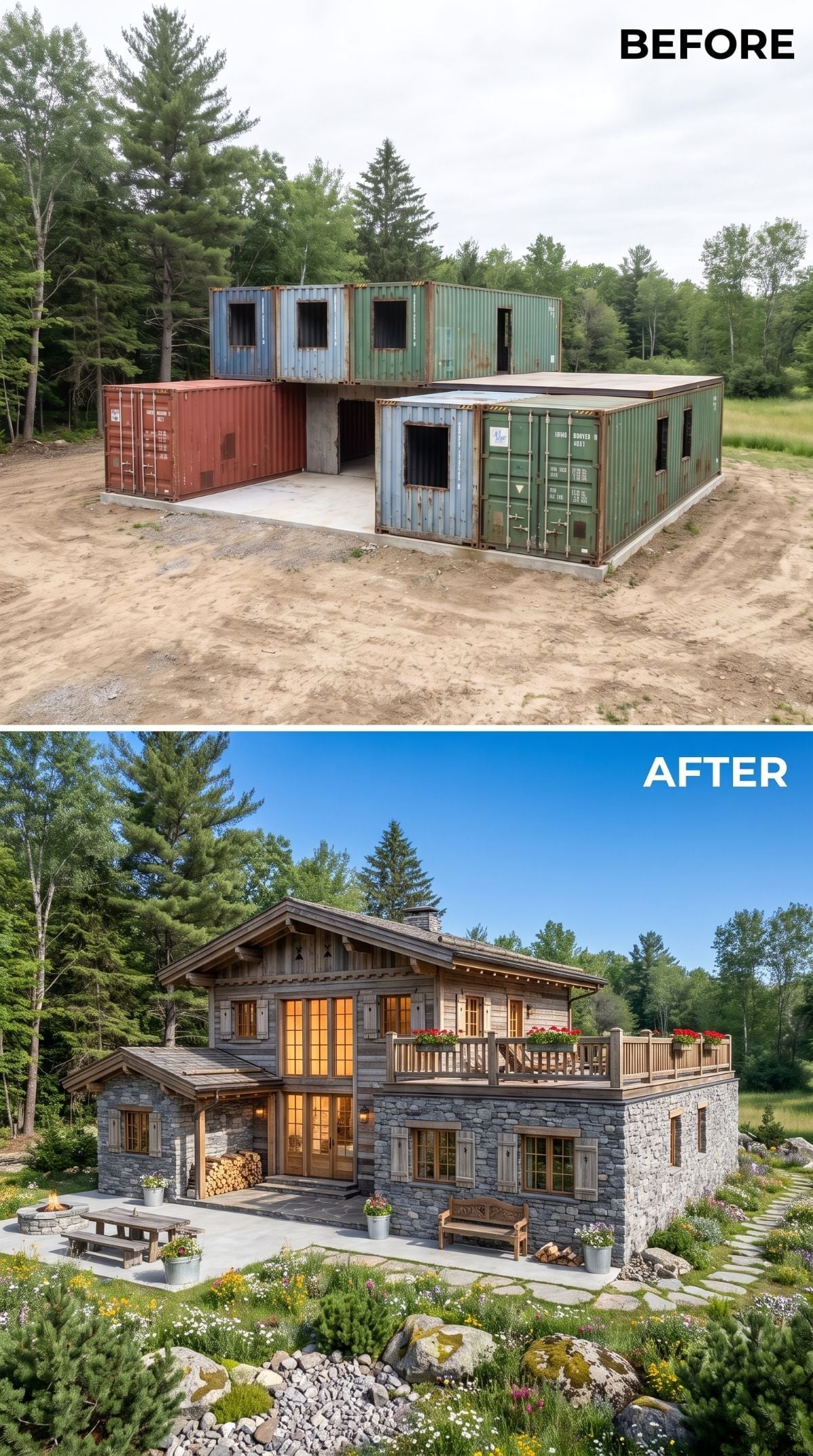 Corrugated Steel Vanished Under Stone Veneer and a Timber Chalet Roofline