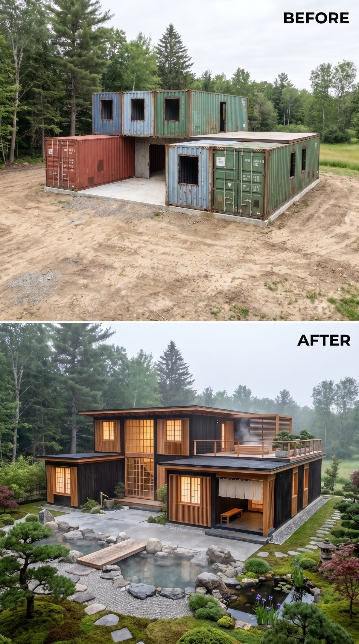 Japanese Onsen Aesthetic Swallowed Seven Shipping Containers in the Forest