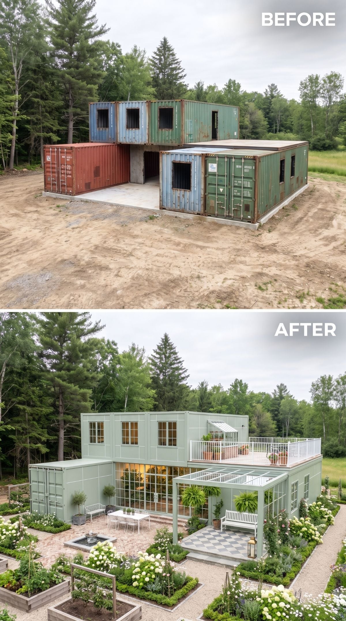 Sage Green Cladding and a Cottage Garden Buried Seven Containers Completely