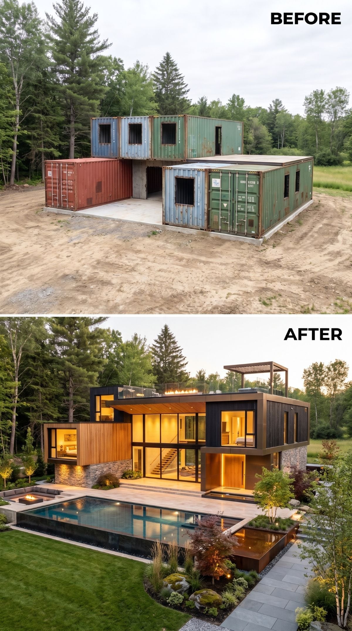 Seven Containers Clad in Cedar and Stone Became a Two-Story Pool House