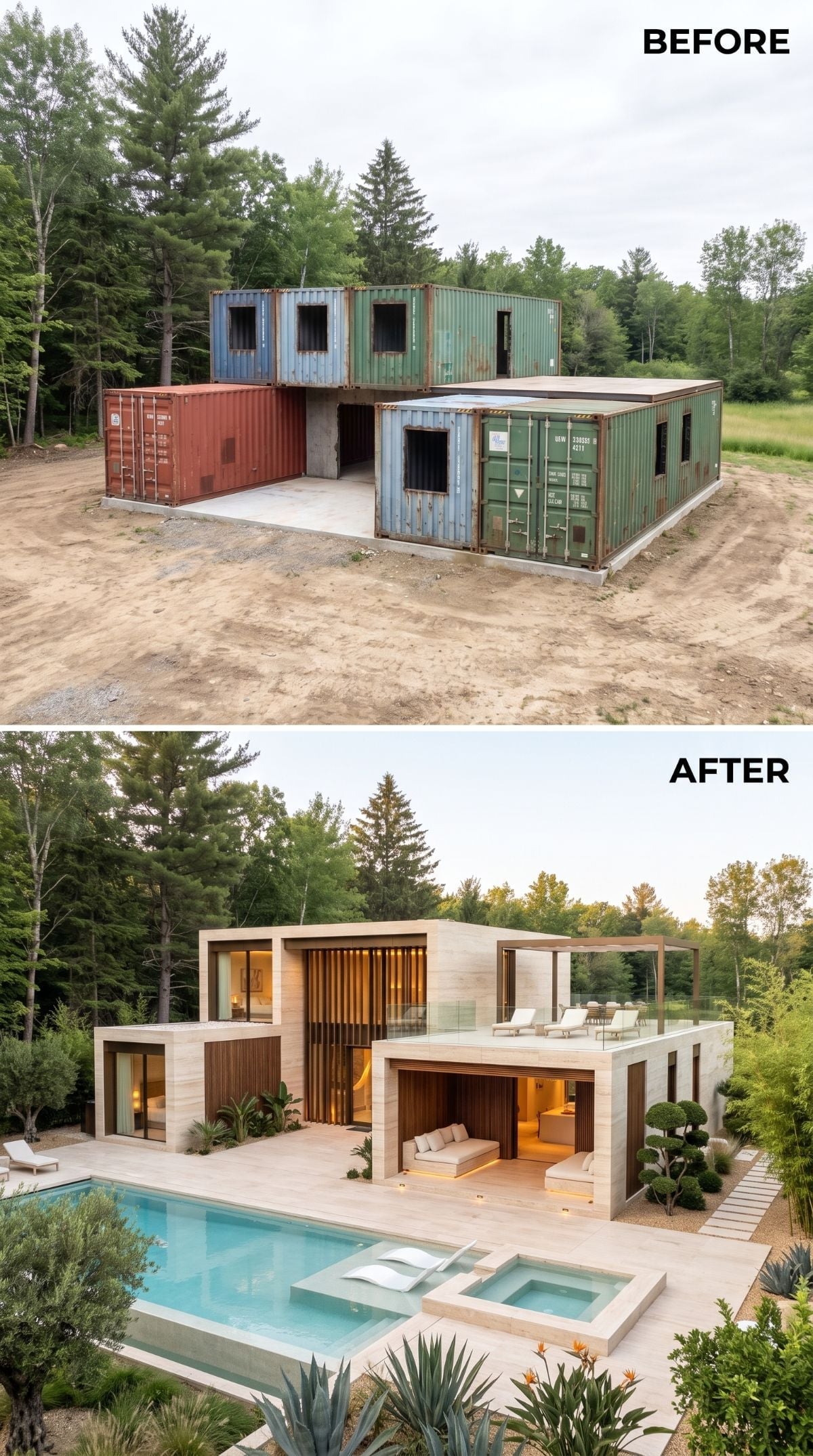 Travertine Cladding and a Pool Deck Erased What Seven Containers Once Were