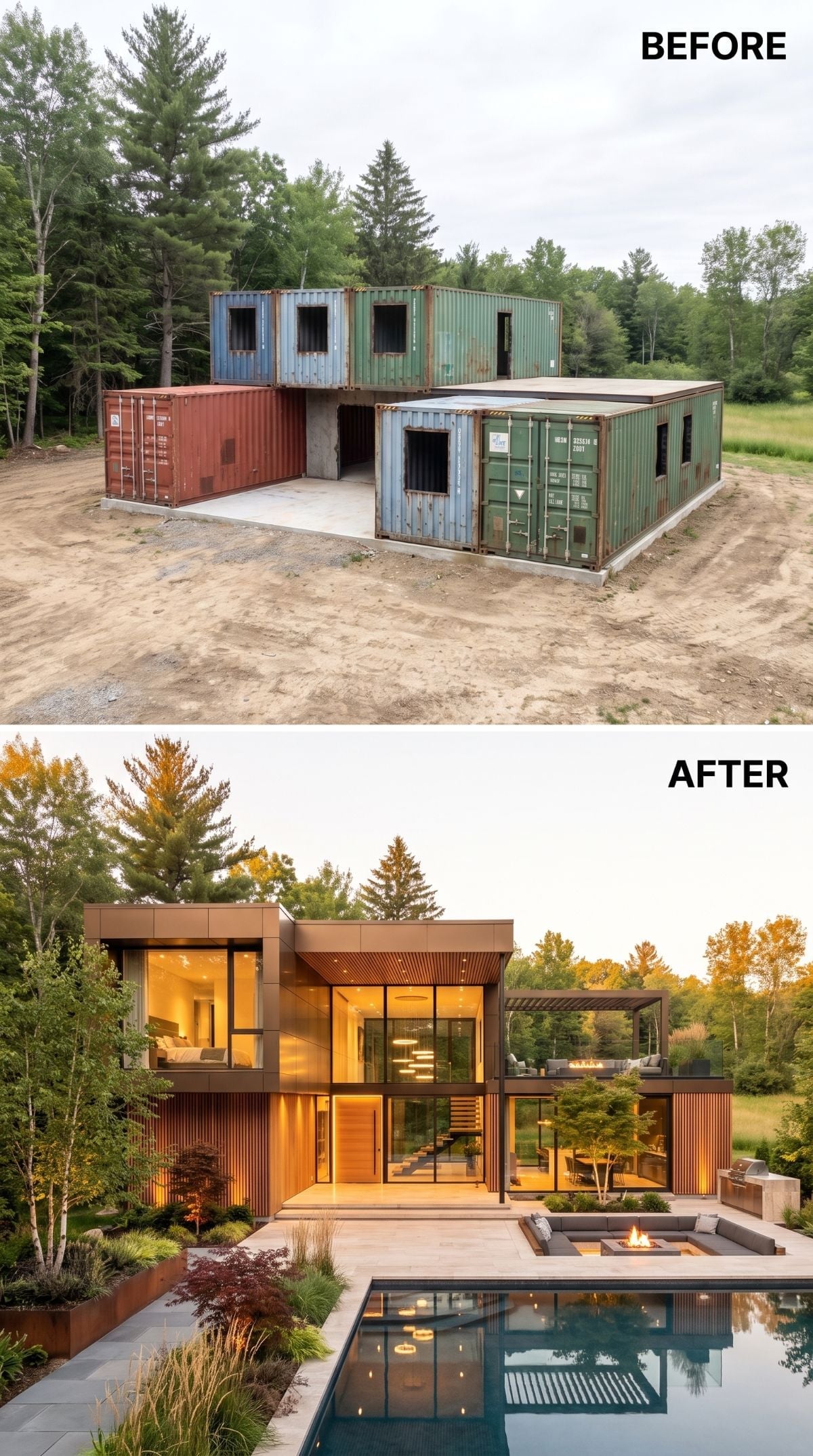 Wood Slat Cladding and Floor-to-Ceiling Glass Turned Seven Containers Into a Forest Retreat