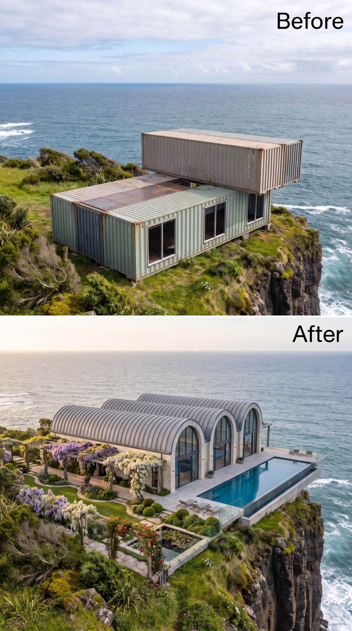 Cliff residence with barrel-vaulted roofs, arched glazing, wisteria pergola, lily pond, topiary, and infinity pool