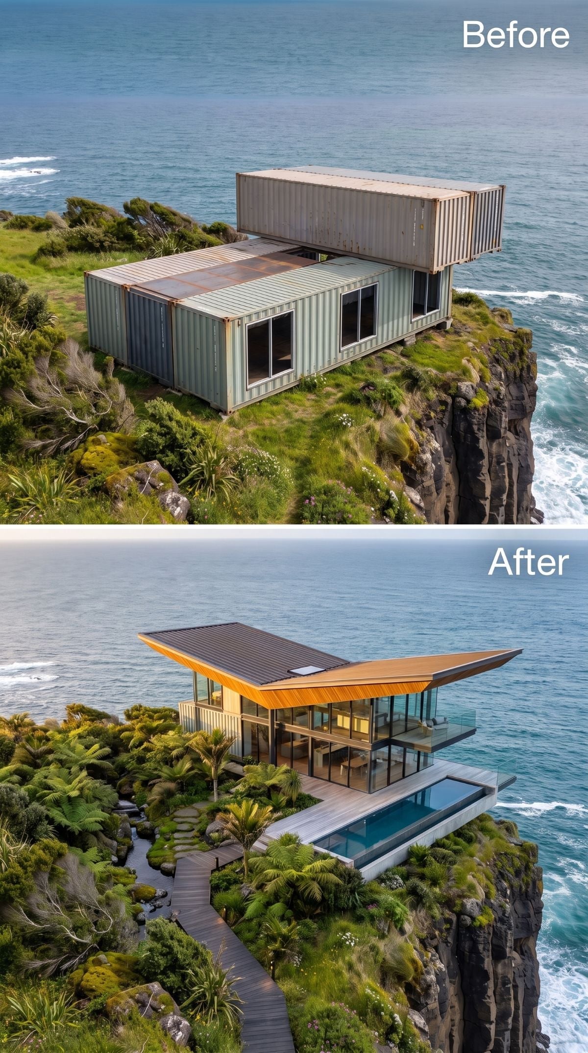 Modern cliff house with angular timber-toned soffit, frameless glass facade, concrete pool, and ocean view