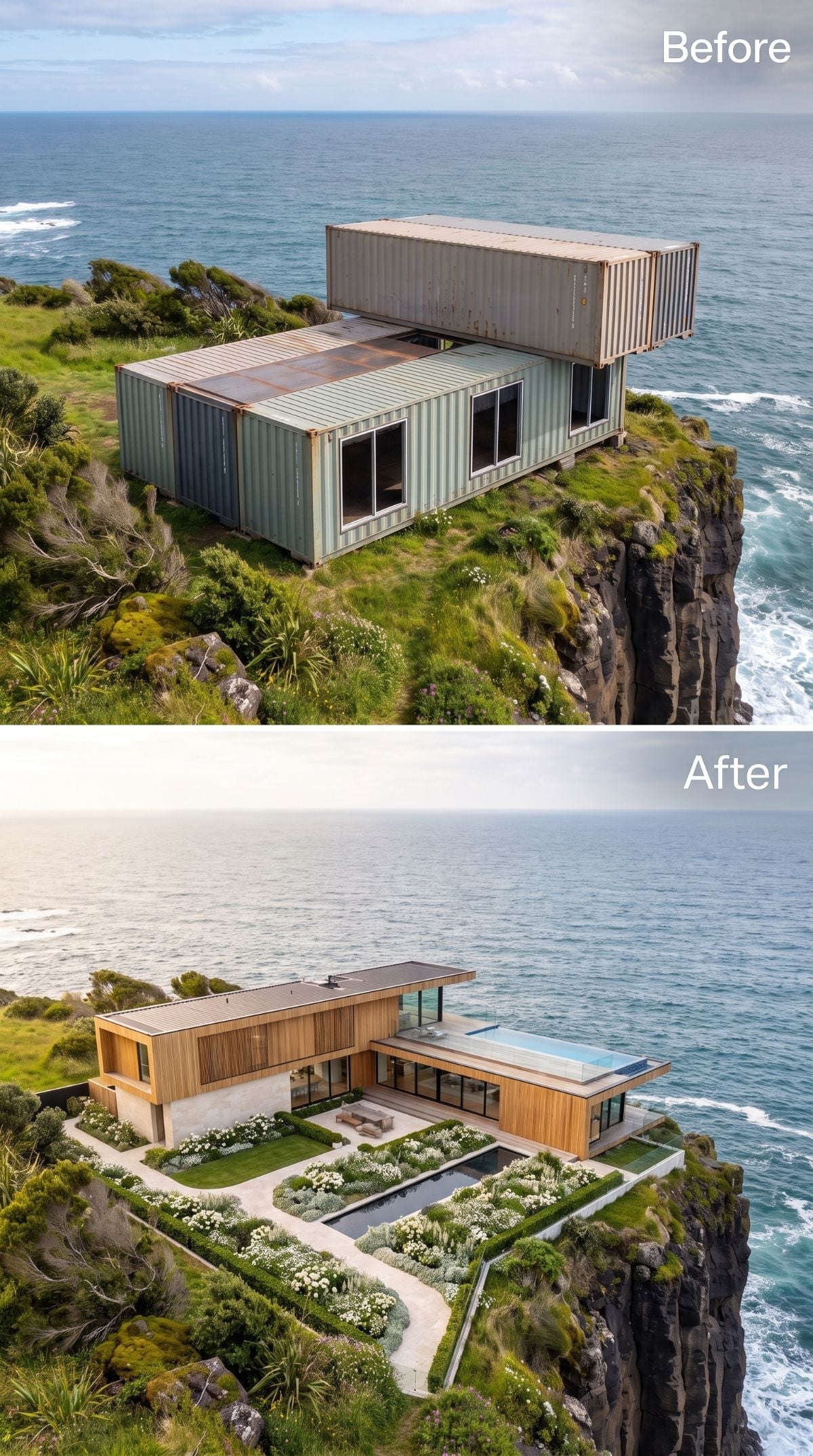Timber-clad cliff house with full-height glass, elevated lap pool, geometric hedges, and silver-white planting