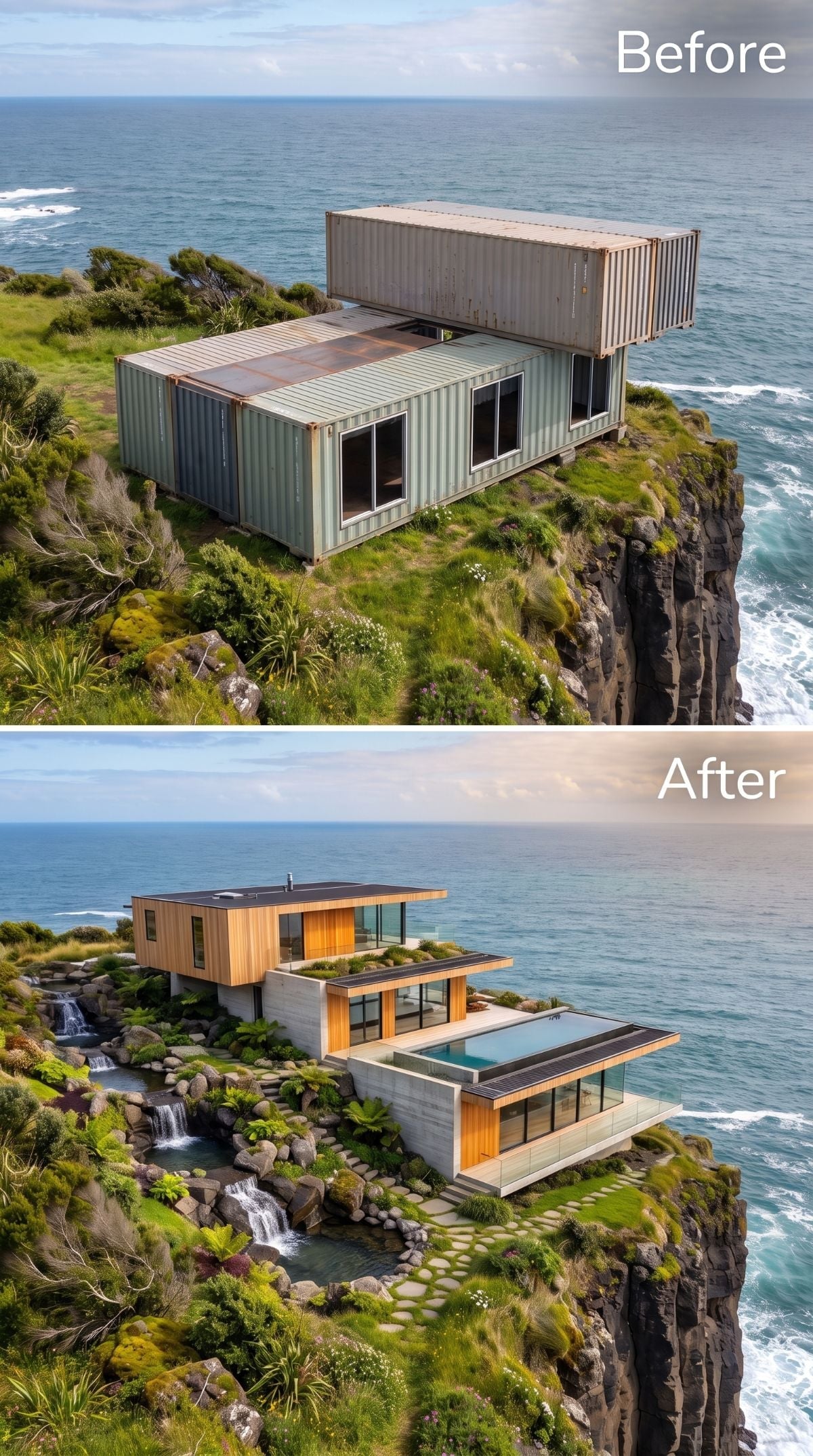Timber and concrete cliff house with glass walls, cantilevered pool, waterfall cascade, and rock garden