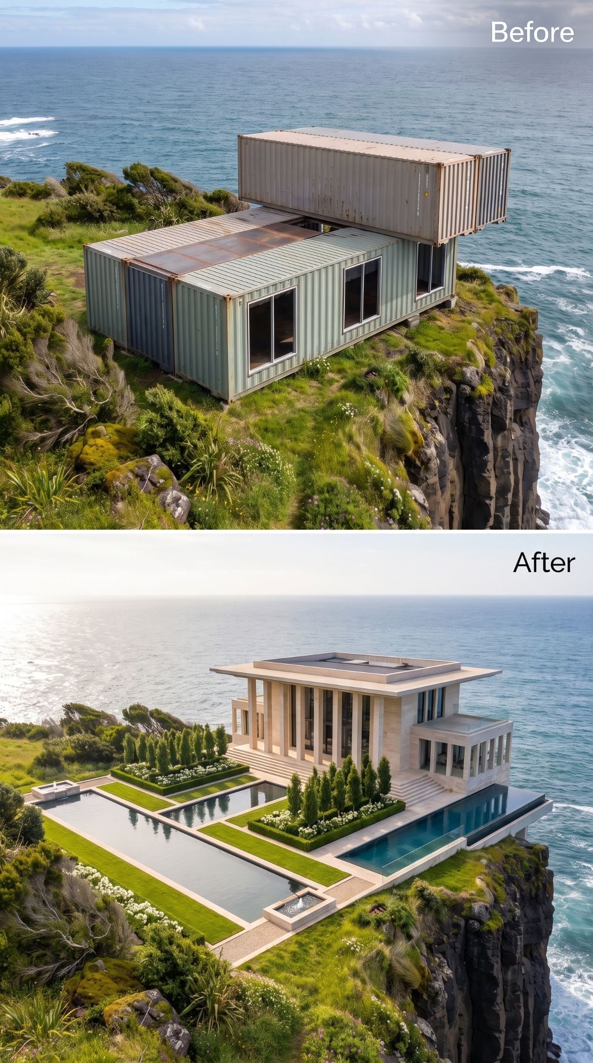Classical cliff residence with tall pale columns, reflecting pools, cypress trees, and ocean views
