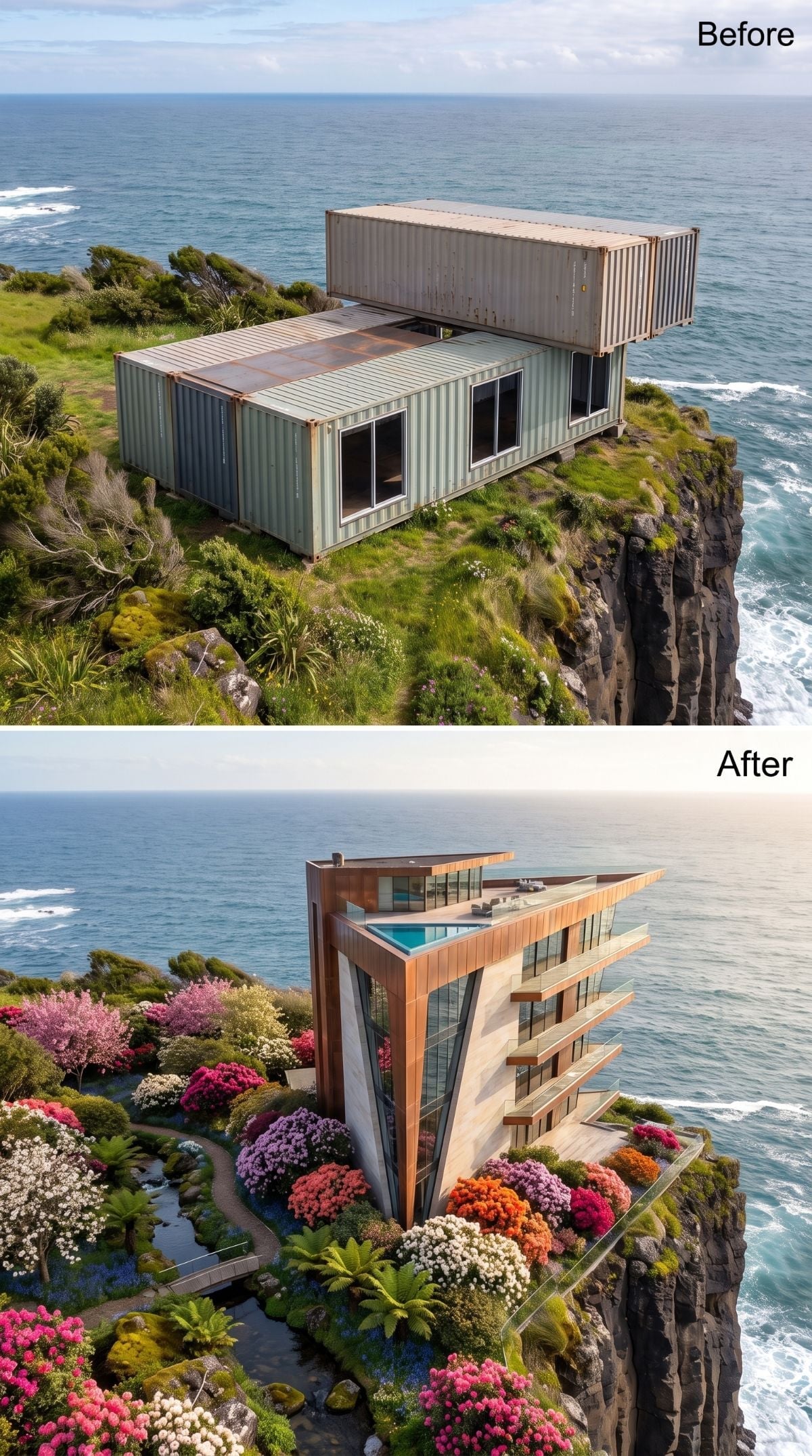 Copper-toned multi-story cliff house with glass balconies, rooftop pool, flowering terraces, and ocean view
