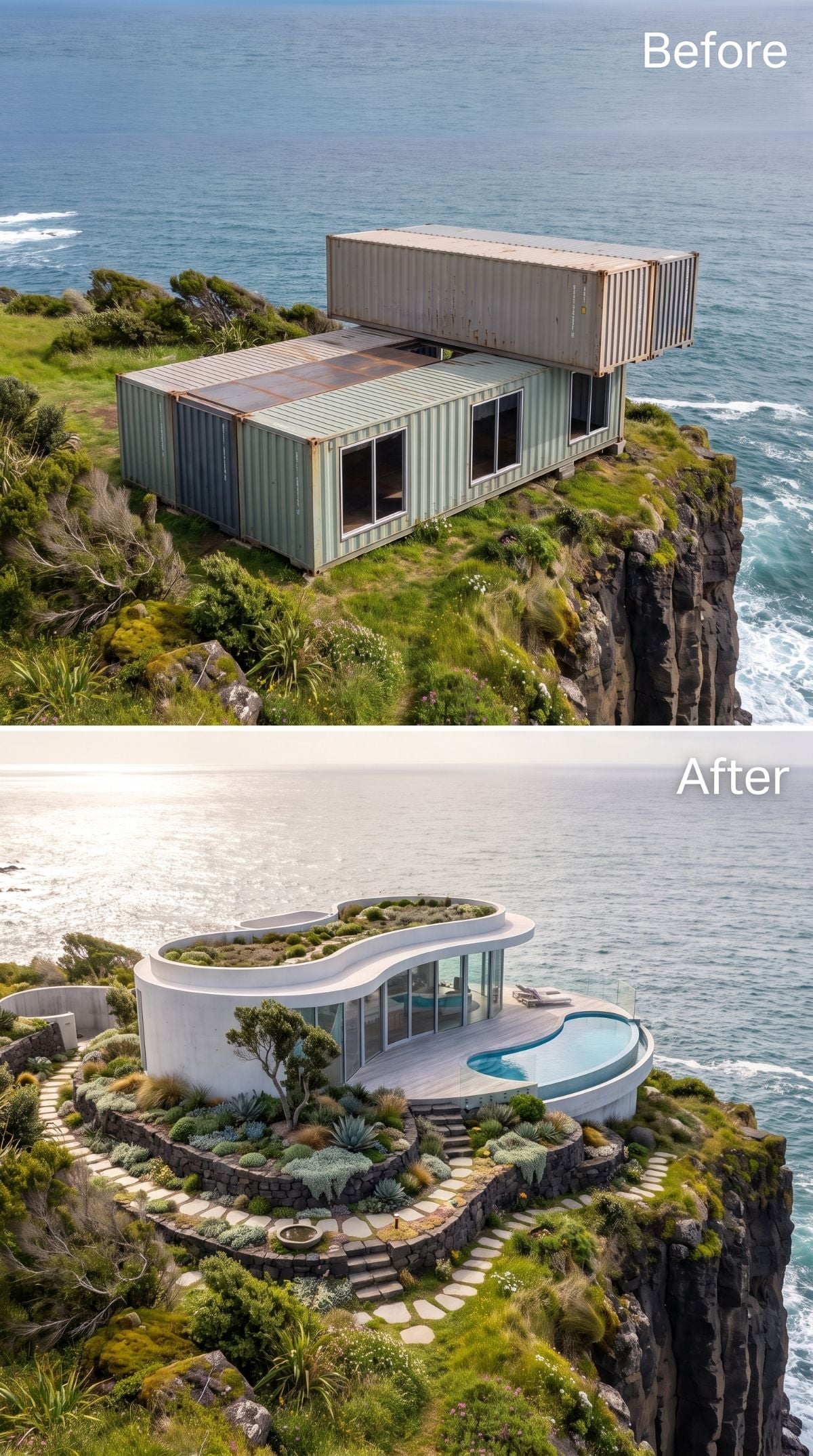 Curved white cliff house with green roof, kidney-shaped pool, pale stepping stones, agave, and coastal planting
