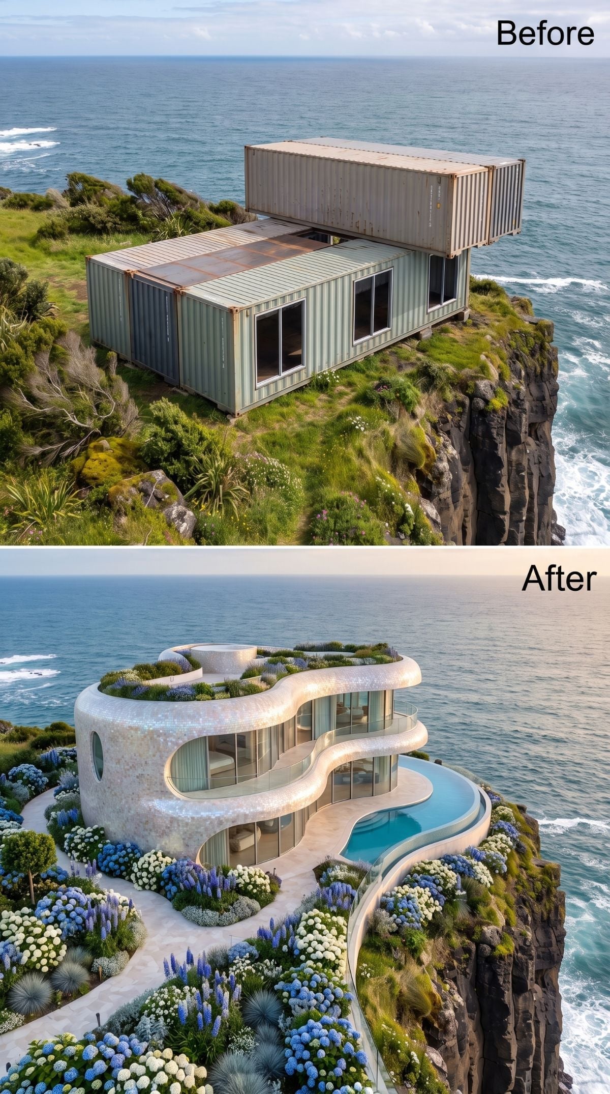 Organic cliff house with iridescent mosaic-like exterior, curved glass, pool, hydrangeas, and lupines