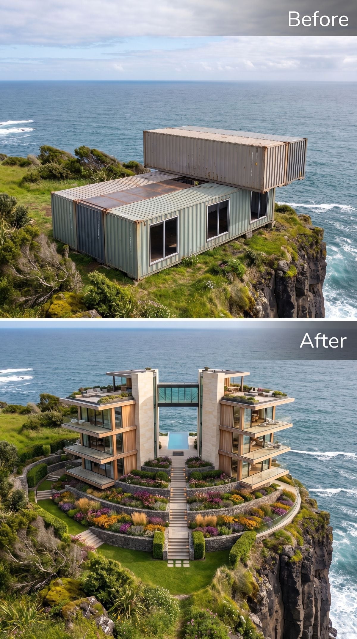 Cliff residence with warm timber towers, dark stone terraces, planted slopes, bridge pool, and ocean-facing balconies
