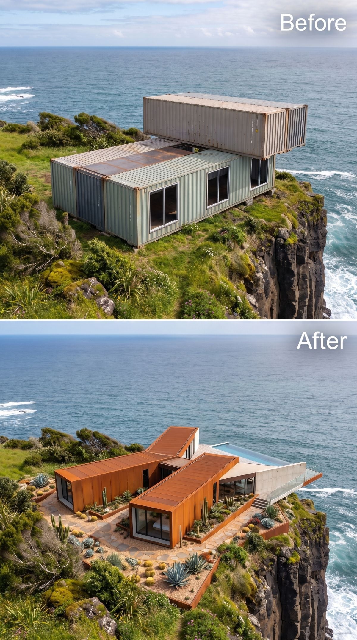Low-slung weathering-steel-style cliff house with agave, cactus, succulents, courtyard, and cantilevered pool