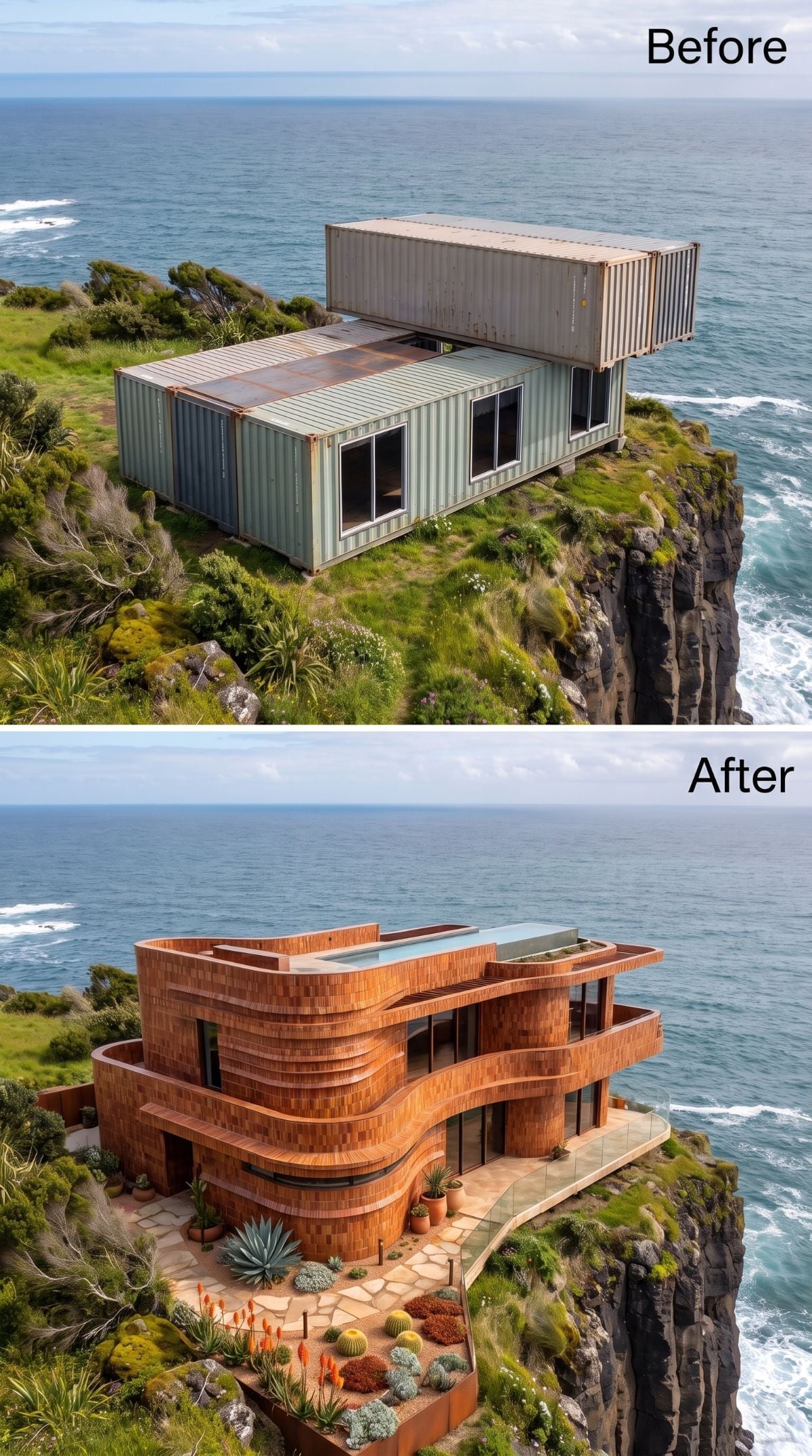 Curved cliff house wrapped in warm brick bands with rooftop plunge pool and ocean backdrop