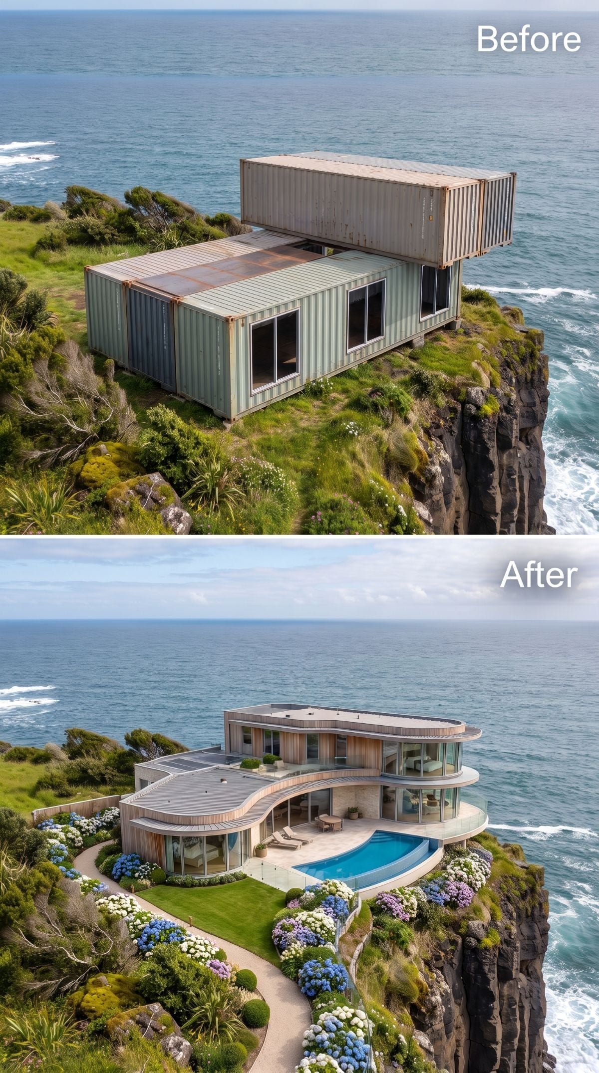 Curved timber cliff house with pool, blue and white hydrangeas, and terraced path