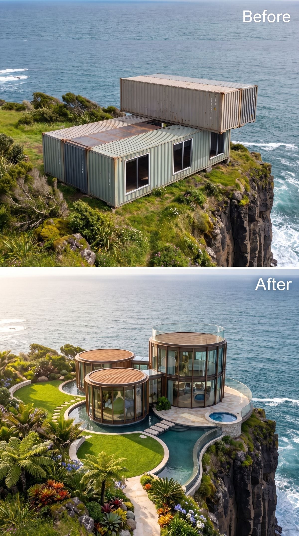 Cylindrical glass cliff pavilions with bronze framing, round plunge pool, teak-toned decks, and tropical planting