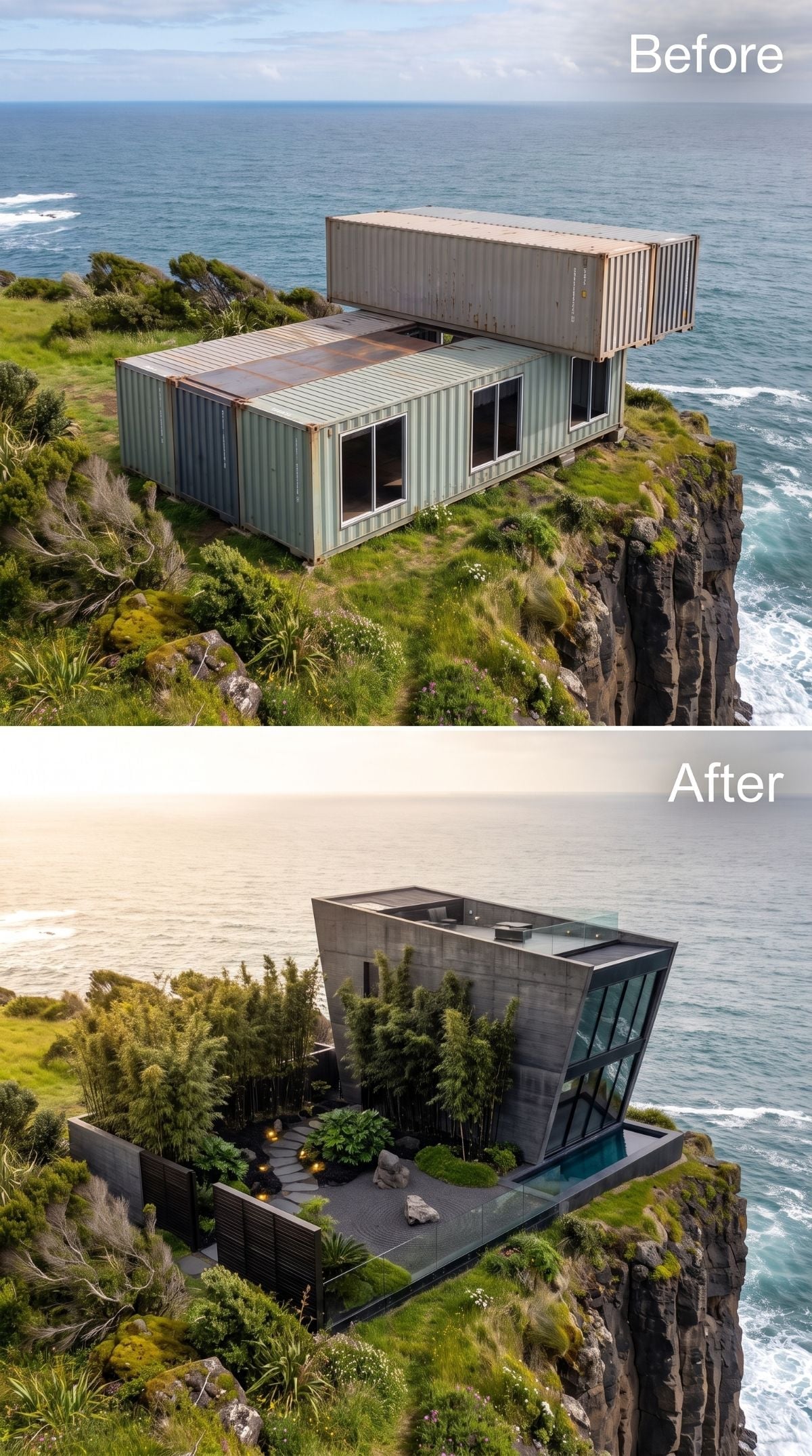 Charcoal concrete cliff house with angled glass, bamboo courtyard, stepping stones, ornamental rocks, and narrow pool
