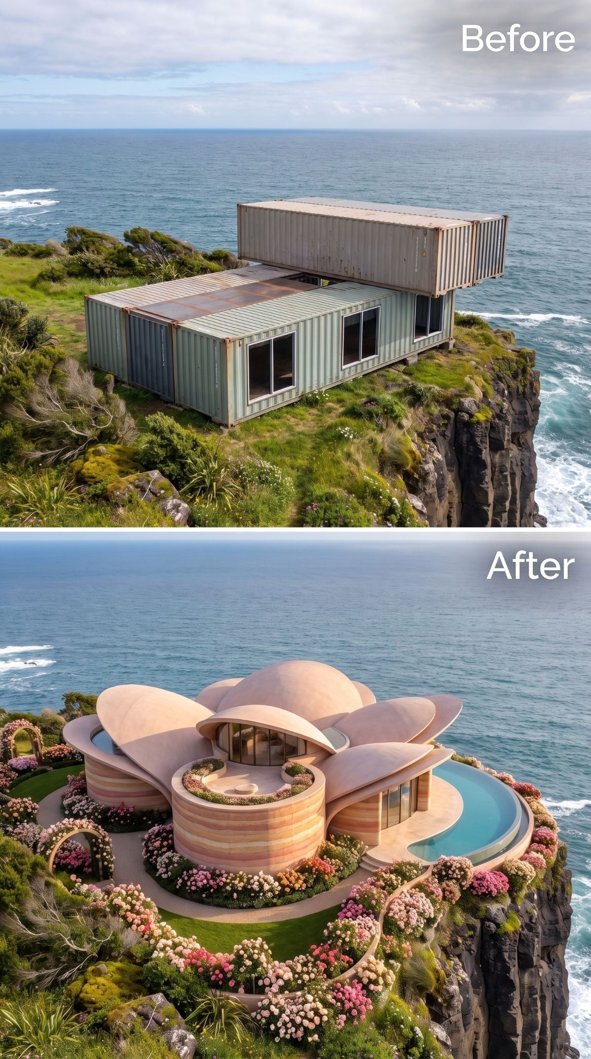 Flower-form cliff house with petal-shaped roof, curved pool, warm layered walls, and flowering gardens