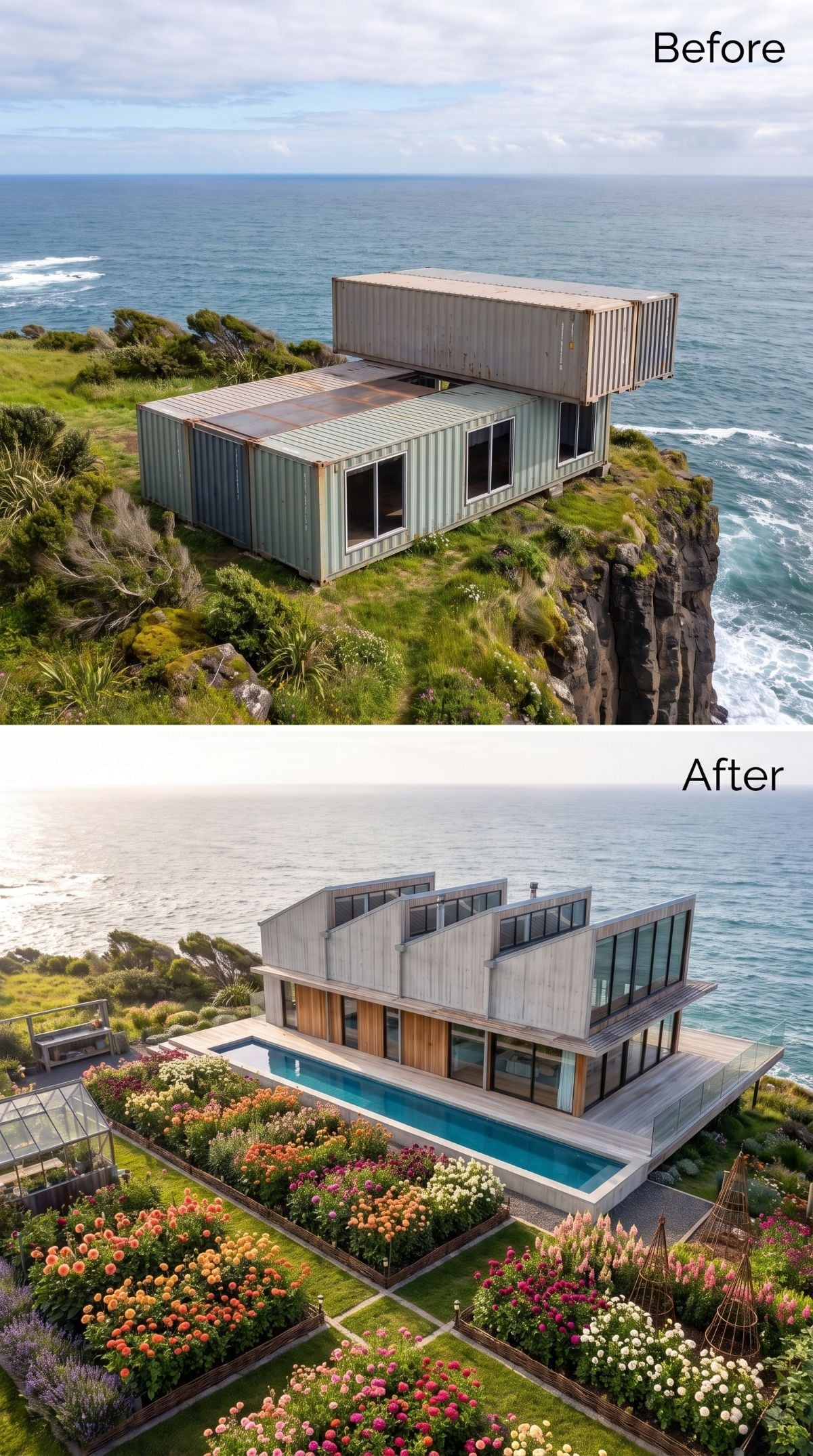 Concrete and timber cliff house with dense dahlia-like flower gardens, glazing, and lap pool