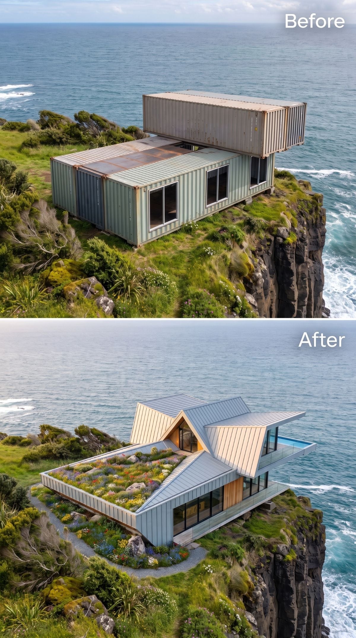 Angular cliff house with folded silver-gray metal roofs, wildflower green roof, timber entrance, pool, and ocean view