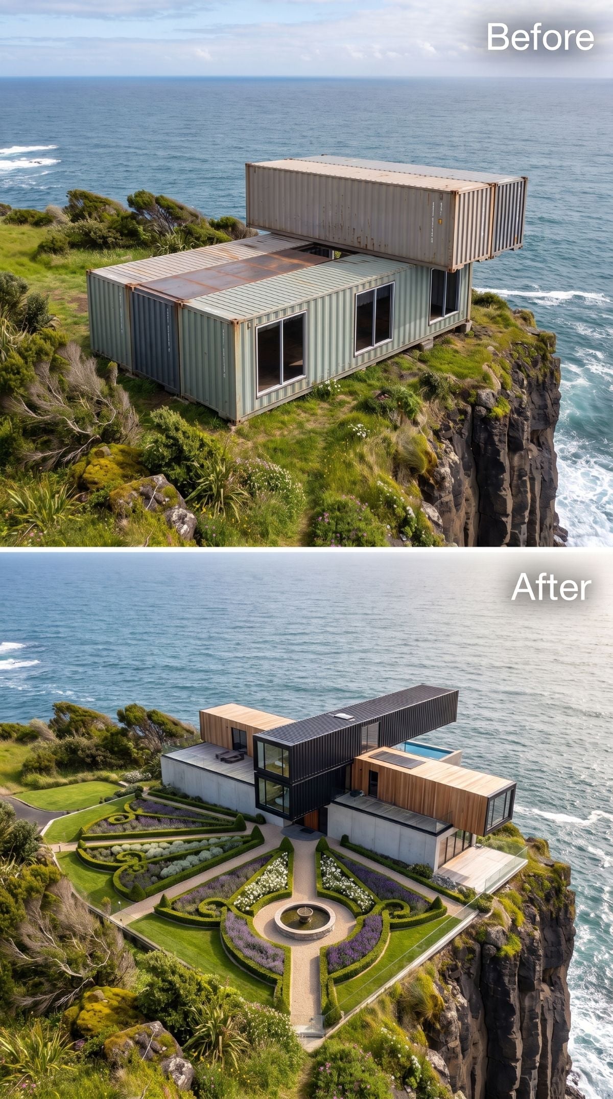 Dark steel and timber cliff house above a formal parterre garden with clipped hedges and rooftop pool