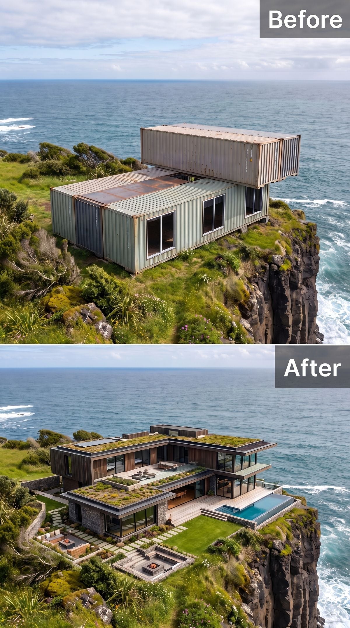Stepped cliff house with dark timber, stone terraces, living roof, infinity pool, grass-set pavers, and outdoor seating