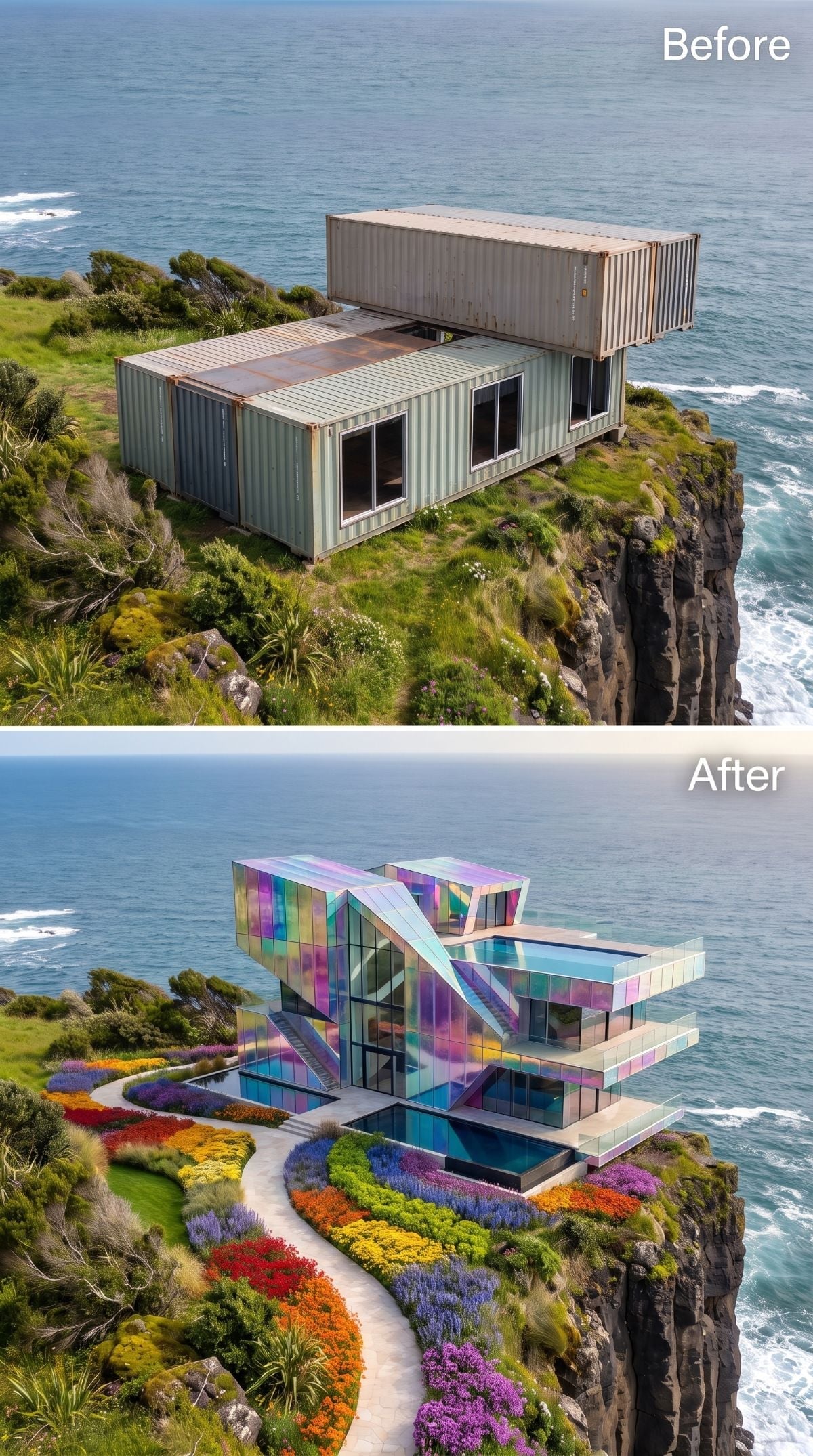 Faceted cliff house with iridescent violet teal and rose panels, rooftop pool, and colorful terraced gardens