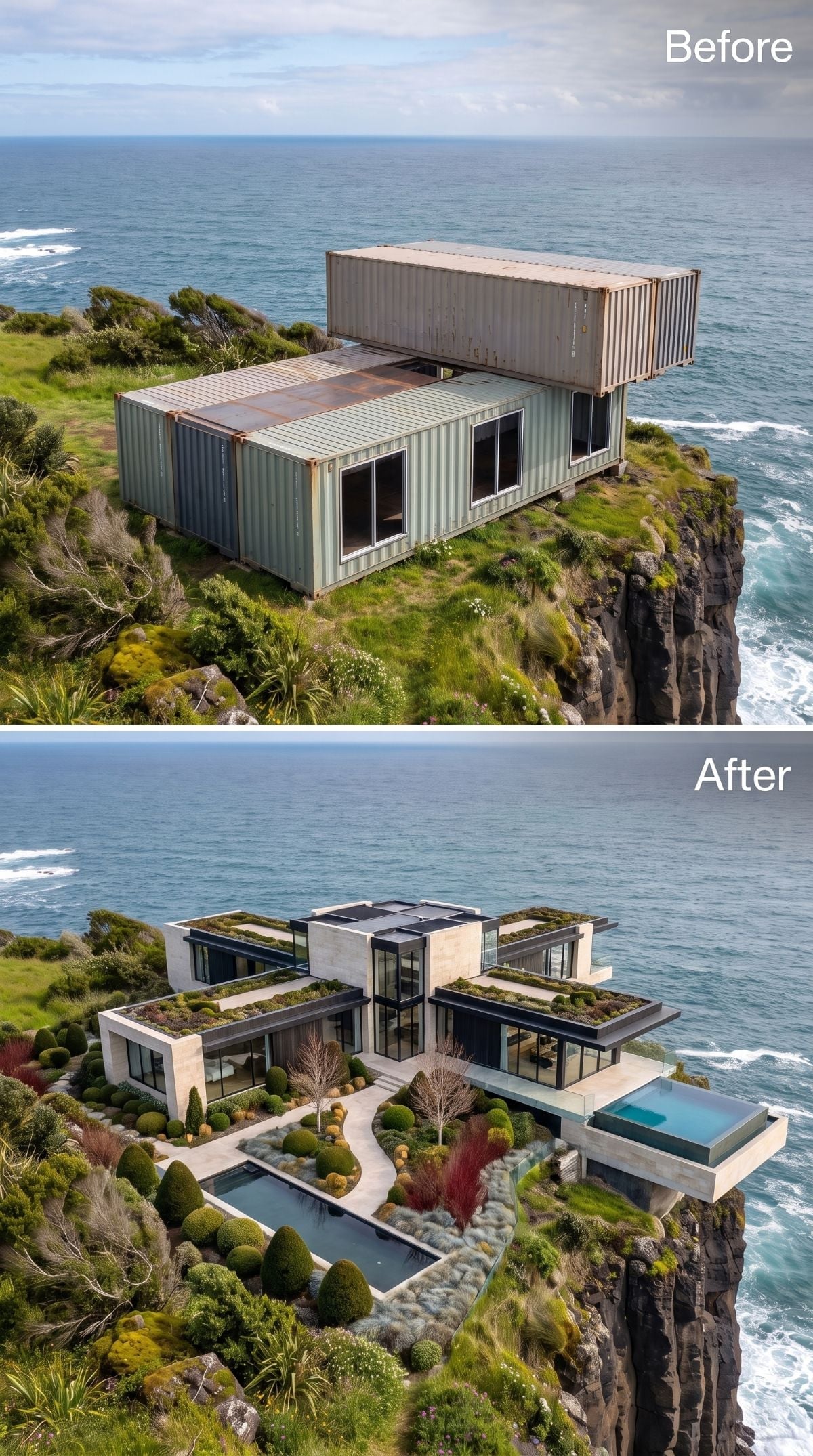 Limestone-toned cliff residence with green roofs, curved path, globe topiary, glazing, and overhanging pool