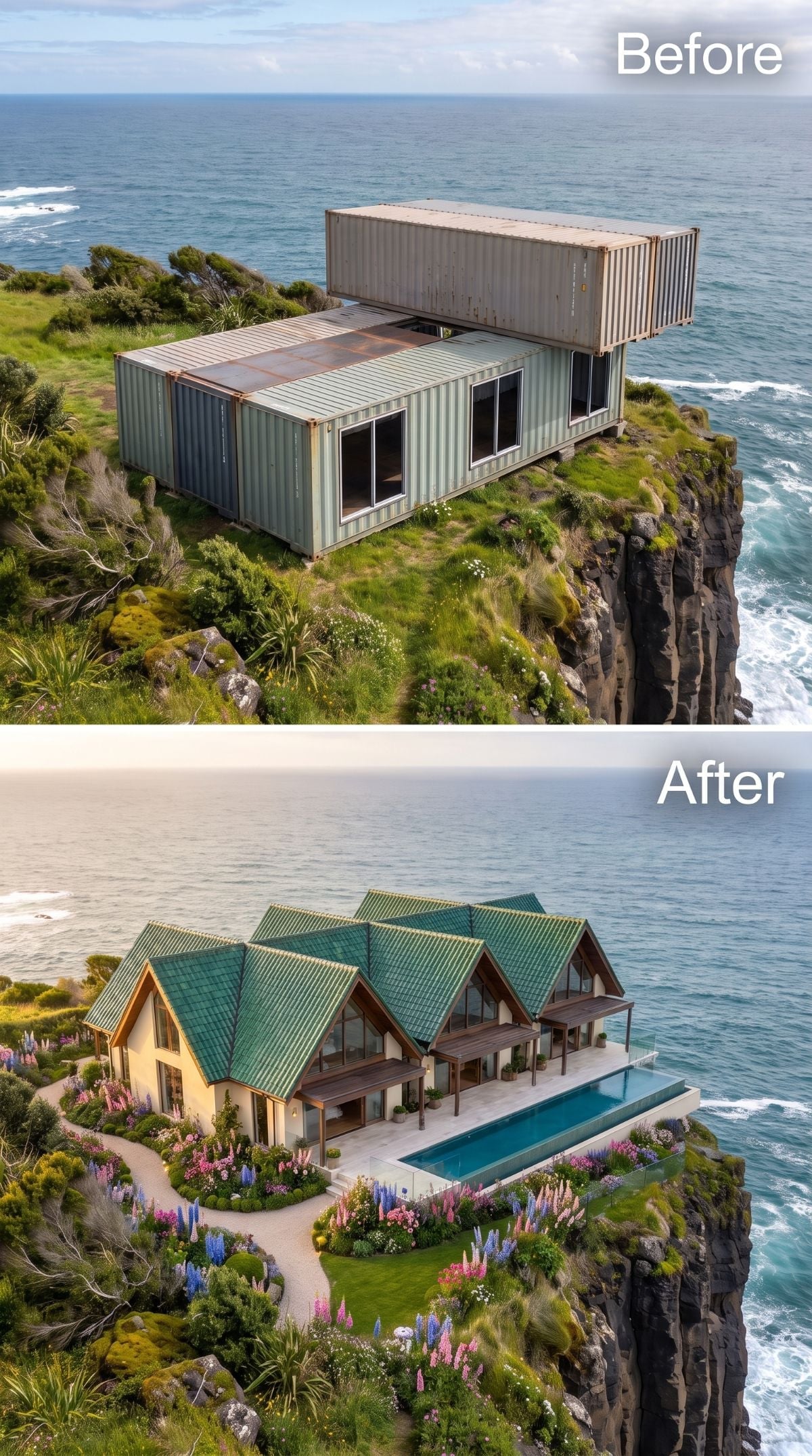 Cliff house with repeated green gabled roofs, lupine gardens, curved gravel path, buff walls, and lap pool