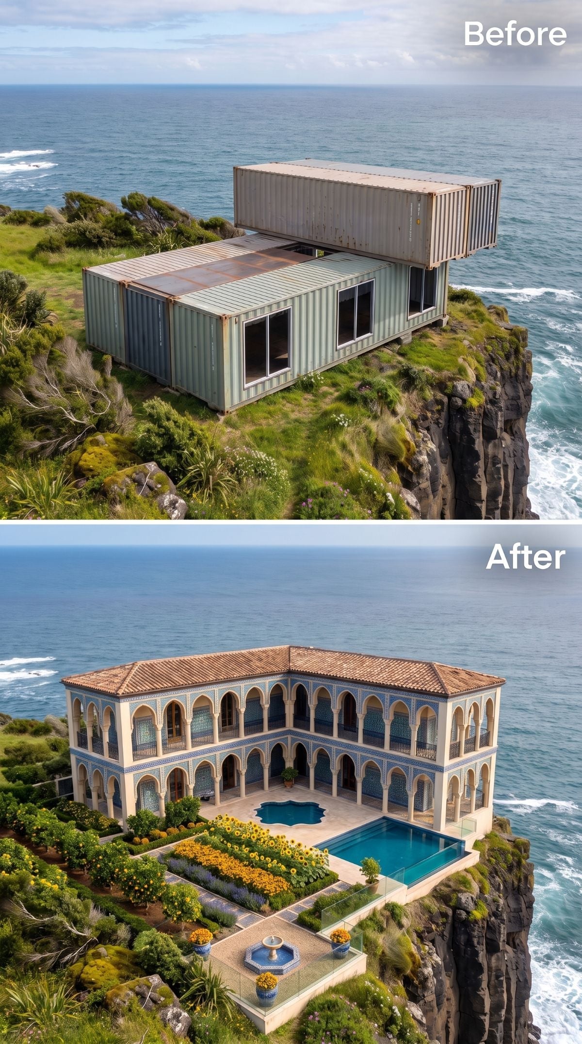 Moorish-inspired cliff residence with horseshoe arches, blue and white tilework, courtyard pool, mosaic fountain, sunflowers, and terracotta roof