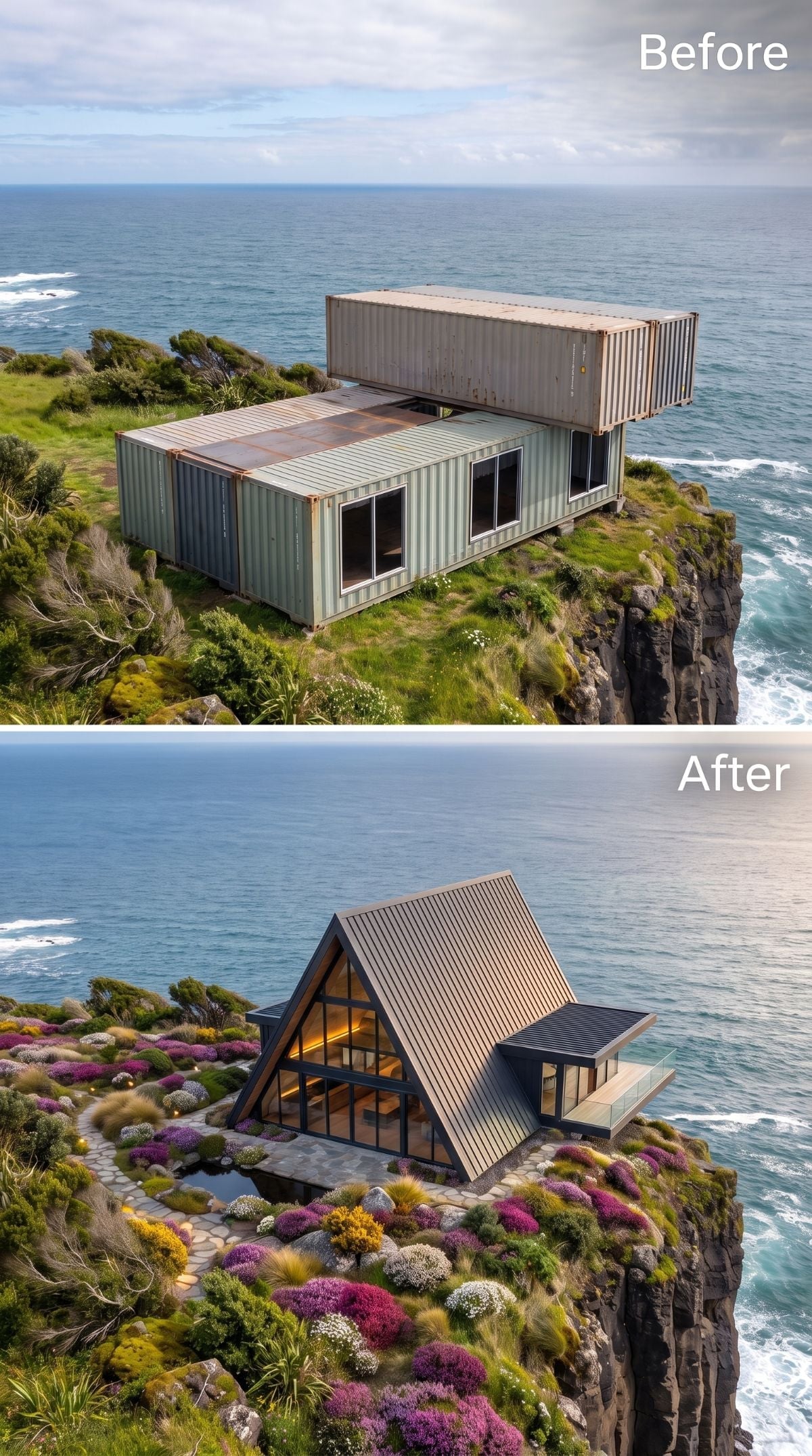 A-frame cliff house with pale timber cladding, large glass facade, deck, pond, and coastal planting