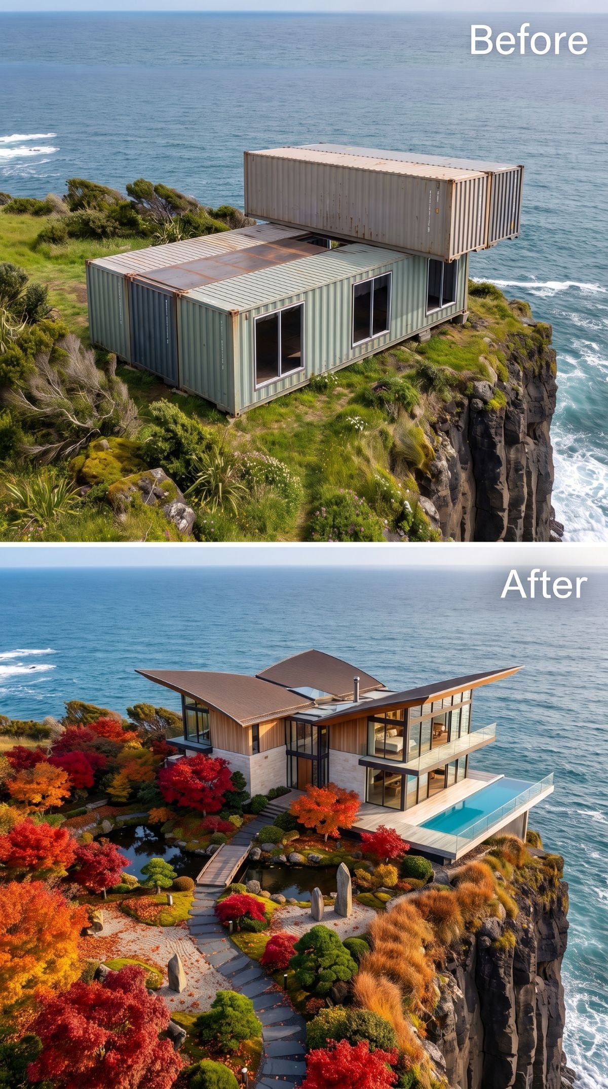 Warm timber cliff house with glass walls, cantilevered pool, Japanese-style planting, and volcanic rock