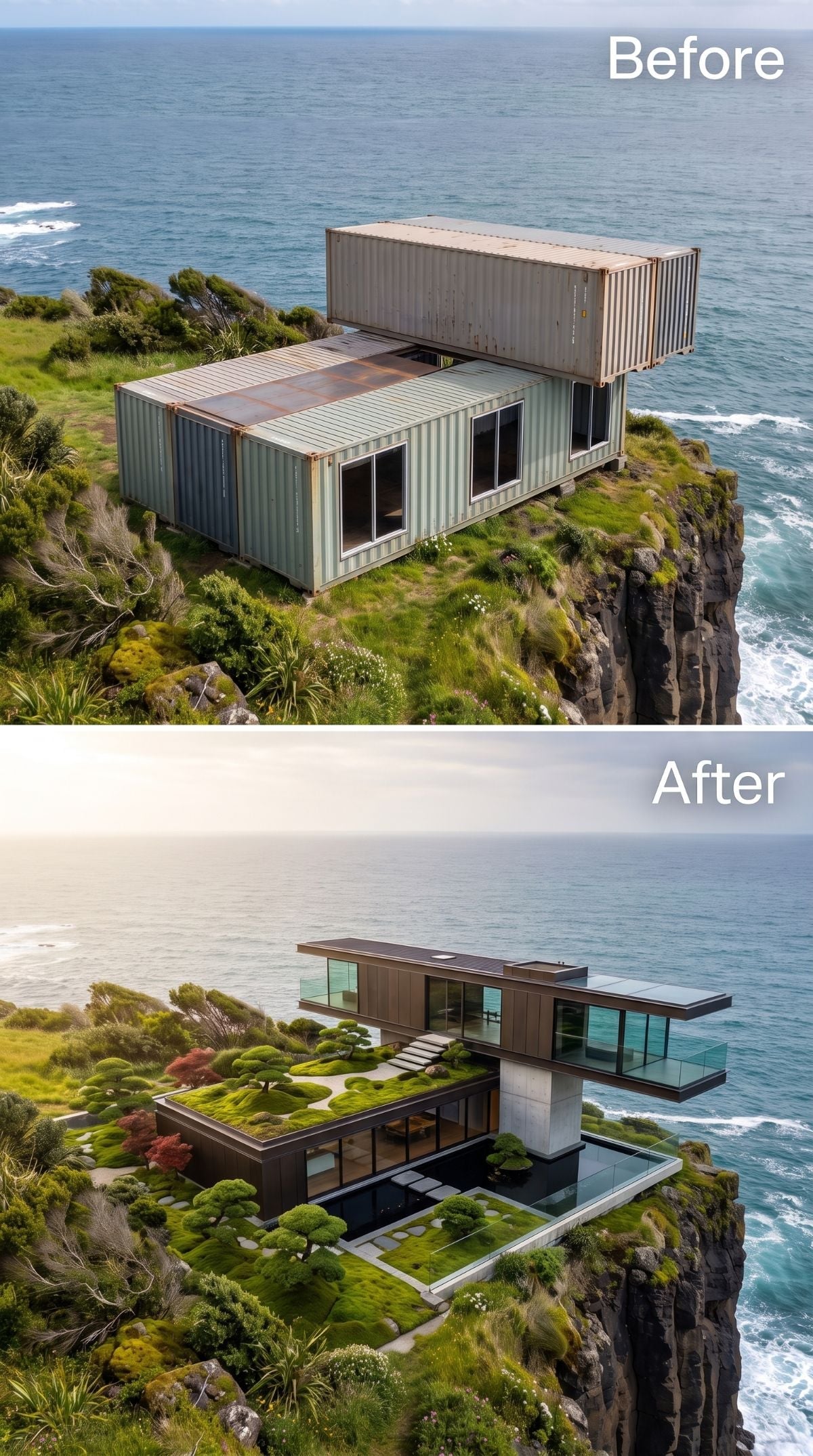 Dark cliff house with rooftop Japanese-style garden, cloud-pruned trees, gravel, glass walls, and cantilevered terrace